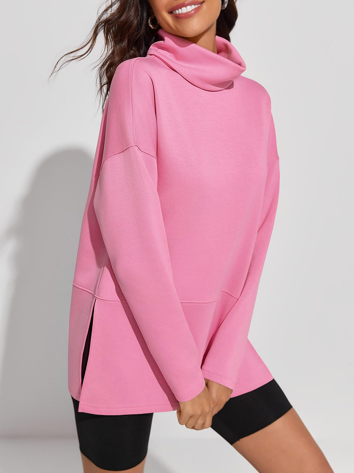 Fisoew Women's Turtleneck Oversized Sweatshirt Casual Long Sleeve Loose Side Slit Pullovers Tunic Tops