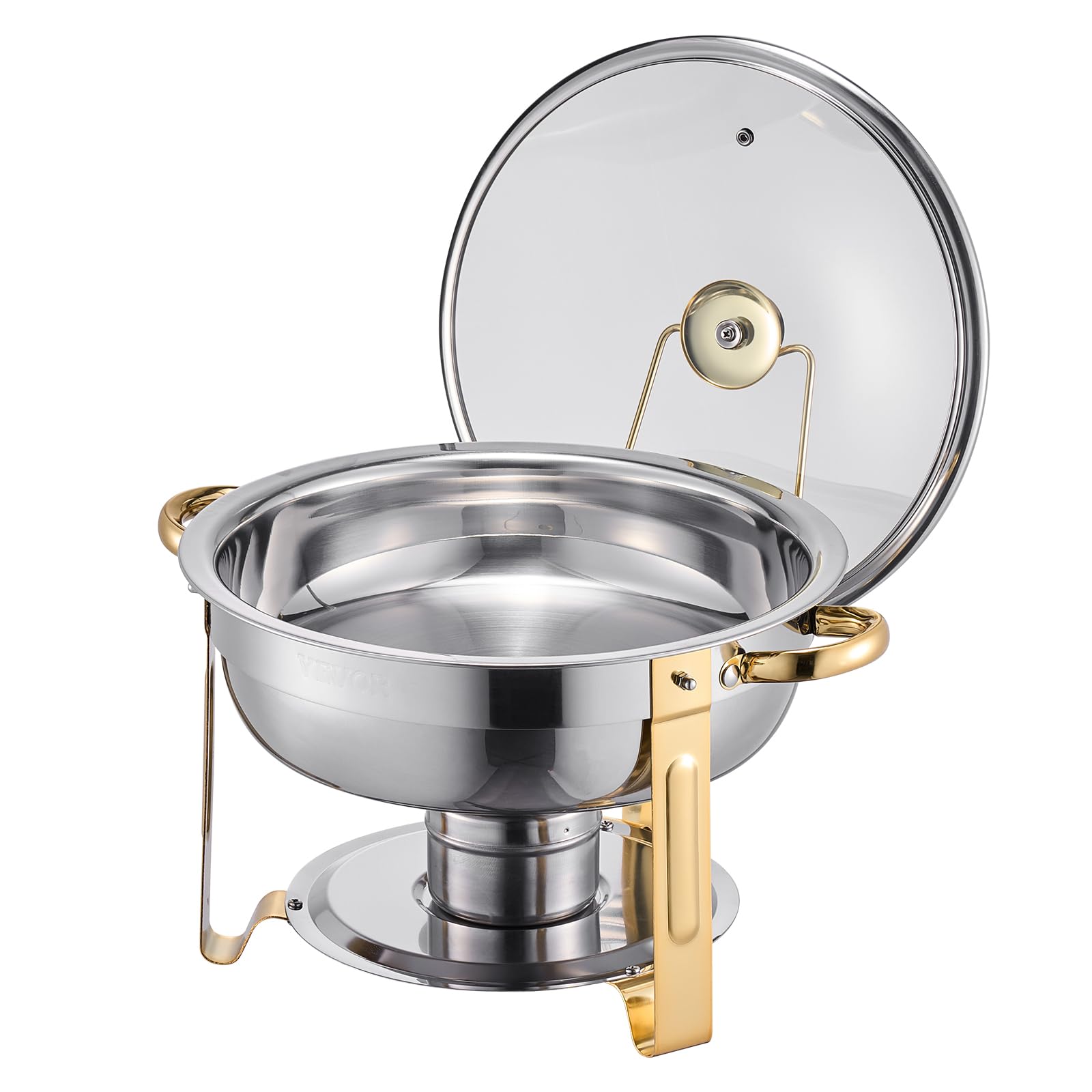 VEVOR Chafing Dish Buffet Set, 5 Qt 4 Pack, Stainless Steel Chafer with 4 Full Size Pan, Round Catering Warmer Server with Glass Lid Water Pan Folding Stand Fuel Holder, for Wedding Banquet, Gold