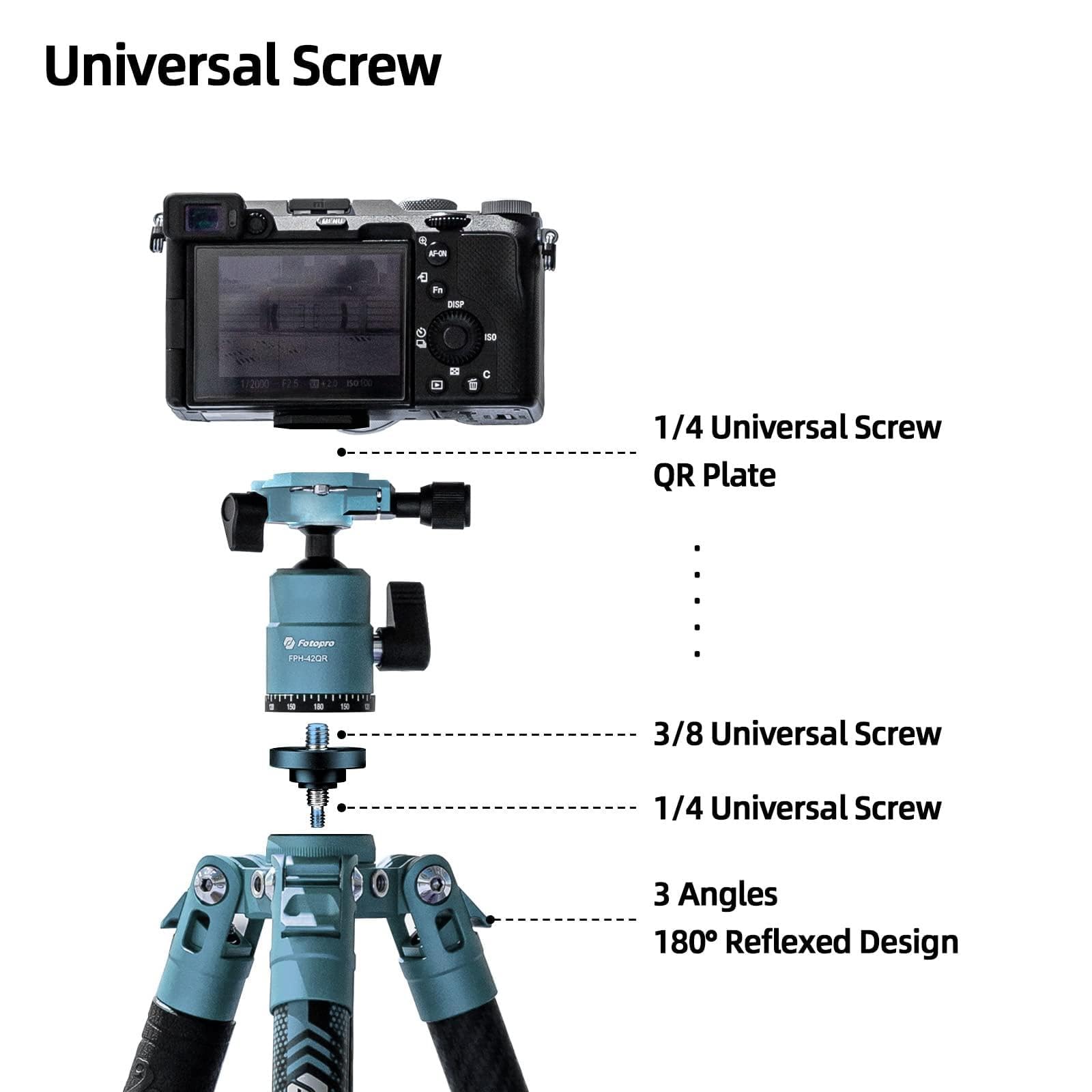 Fotopro 60" Camera Tripod, Carbon Fiber Travel Tripod with 360° Ball Head, Ultralight 2.1lbs, 22lbs Load, Quick Lock, Folds to 14.3" Carry-On, for DSLR Mirrorless Cameras, X-Aircross 3 Blue
