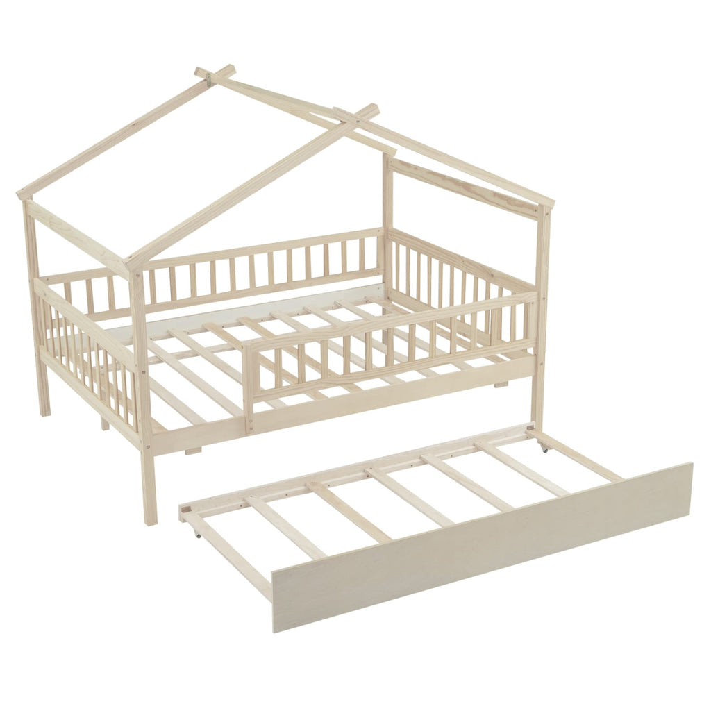 Merax Twin Size Wooden House Bed with Two Drawers, Wood Bed Frame with Roof for Kids, Teens, Boys or Girls, Grey