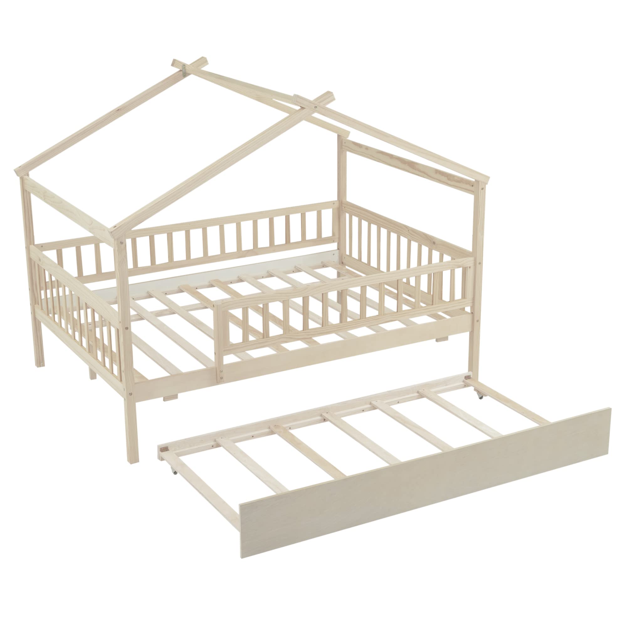 Merax Twin Size Wooden House Bed with Two Drawers, Wood Bed Frame with Roof for Kids, Teens, Boys or Girls, Grey