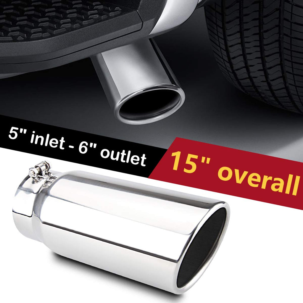 LCGP 5" Inlet Exhaust Tip, 6" Outlet 15" Long Bolt On Stainless Steel Diesel Exhaust Tailpipe Black