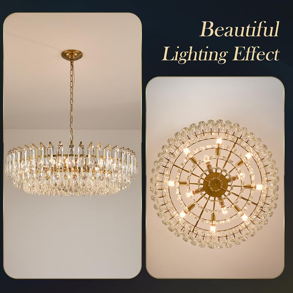 23.6" Modern Crystal Chandelier with Grey Crystal Gold 3-Tier Luxury Pendant Light 12-Light Ceiling Pendant Lighting for Dinning Room Living Room Foyer