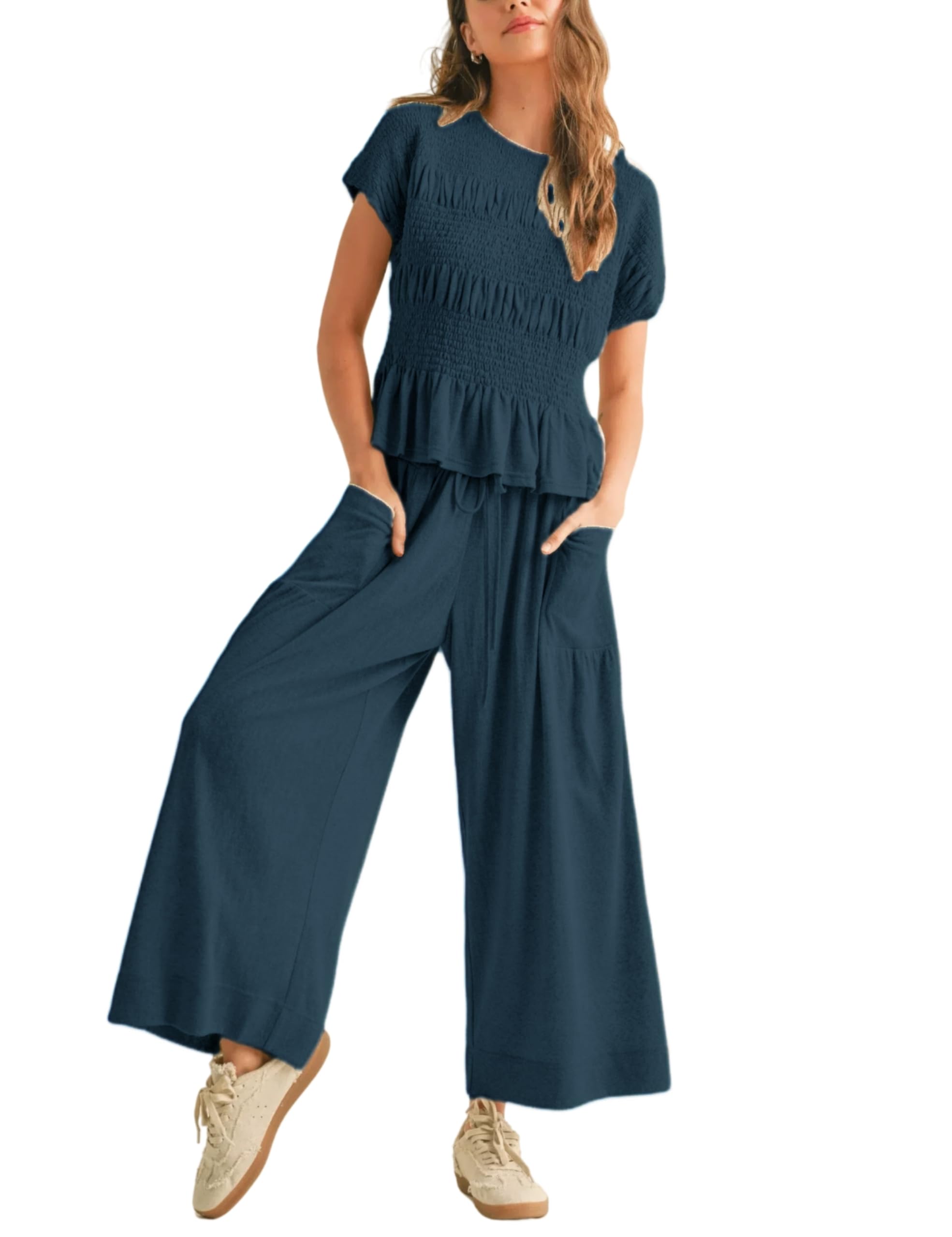 Antnation Womens 2 Piece Smocked Top Wide-Leg Pants Set High-Waisted Lounge Outfit with Pockets Casual Boho Matching Set