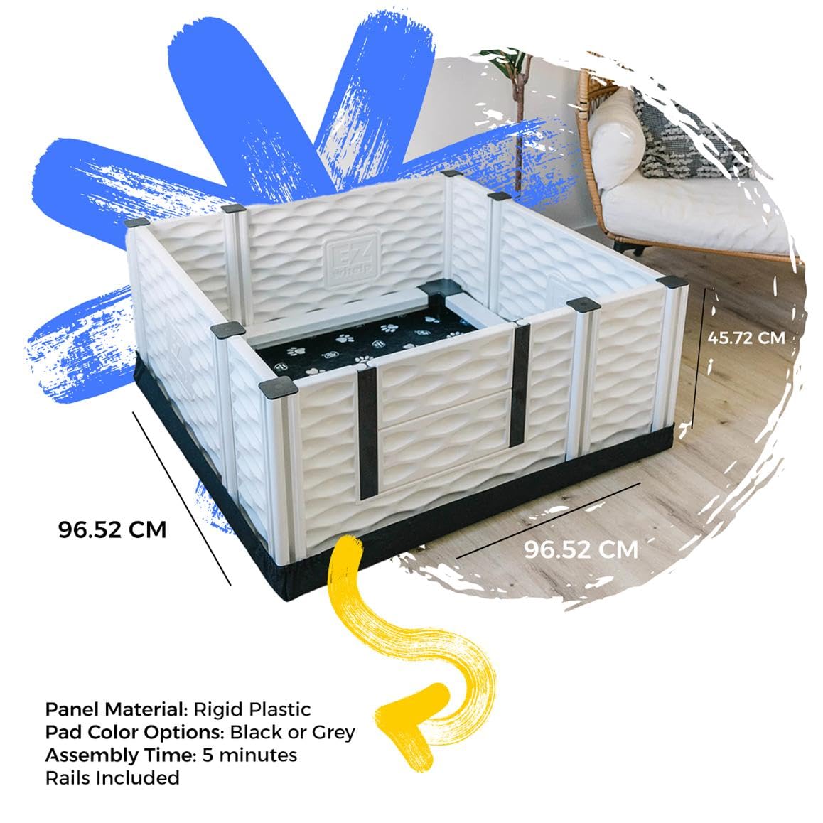 EZwhelp EZclassic Windowed 48"x48"x18" Whelping Box with Rails and Windowed Walls, Padded Dog Whelping Box, Black Pad