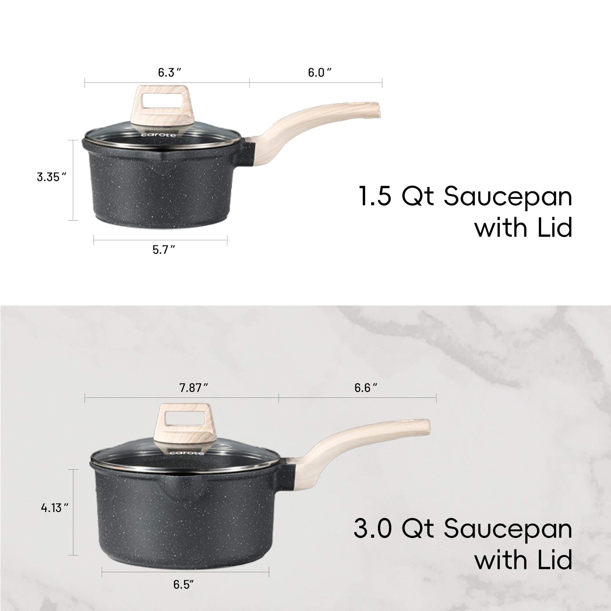 CAROTE 1.5Qt & 3.0Qt Sauce Pan Sets with Lid Cooking Pots Nonstick Saucepans Cookware Set with Pour Spout Small Kitchen Pot, Induction Comptable, Easy to Clean, PFOA FREE (Classic Granite)
