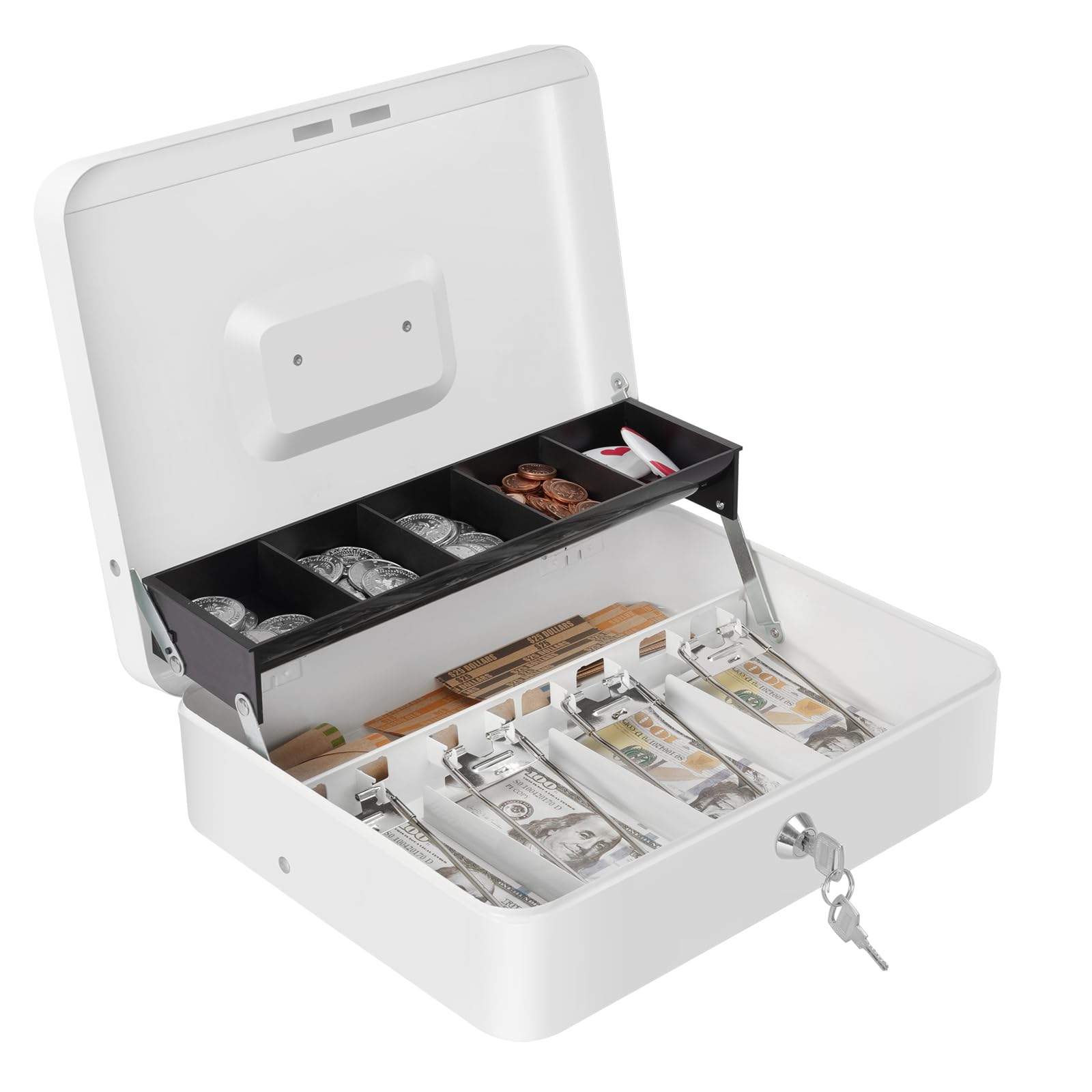 Cash Box with Money Tray and Key Lock, Saving Lock Box with Money Tray Storage for Cash Register 11.8"x9.45"x3.54" Black XL Large