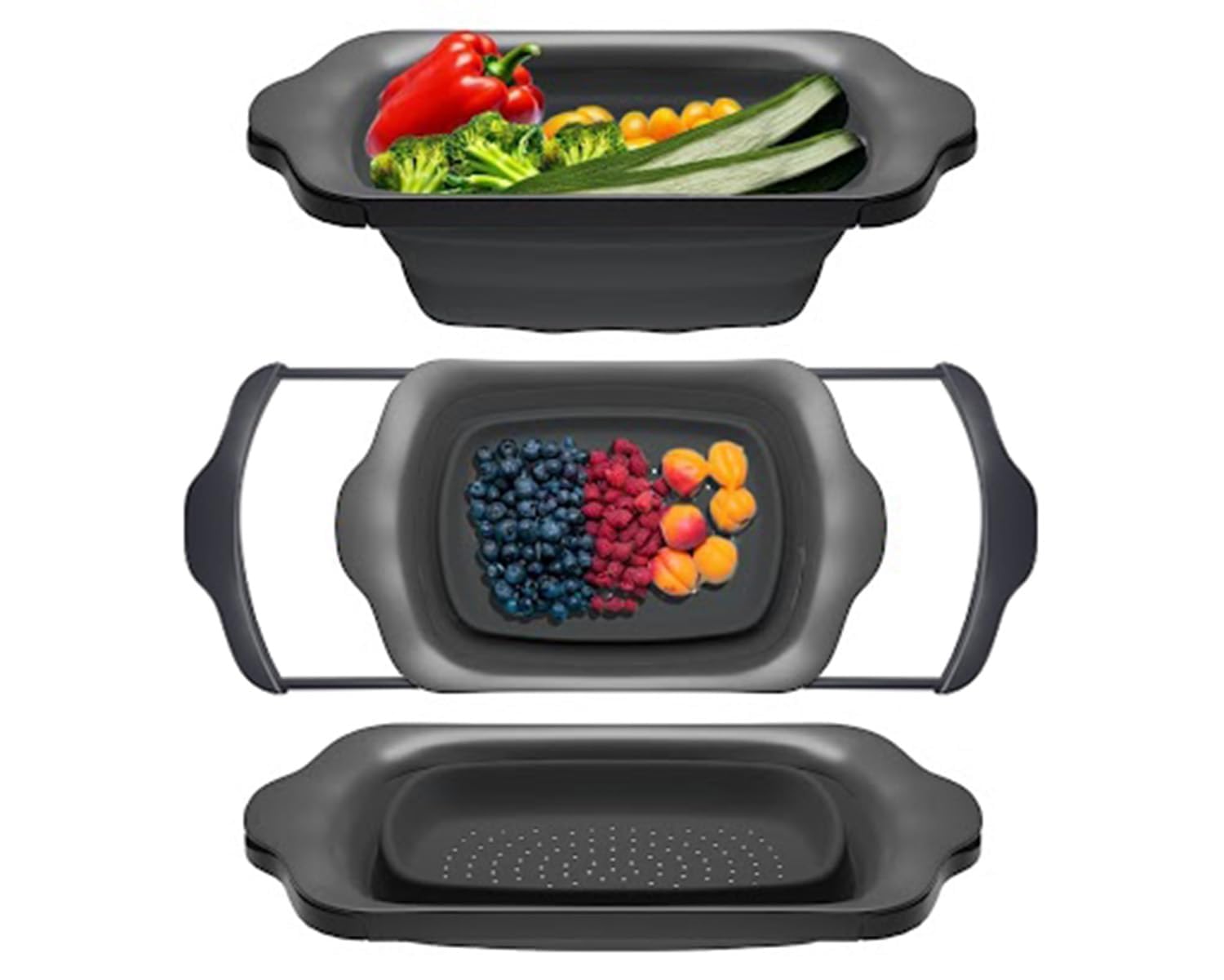 Comfify Over-the-Sink Colander with Handles – Sleek Plastic Black Kitchen Strainer for Pasta, Vegetables & Fruits – Space-Saving Design – 17.1 x 10.2 x 1.75 Inches