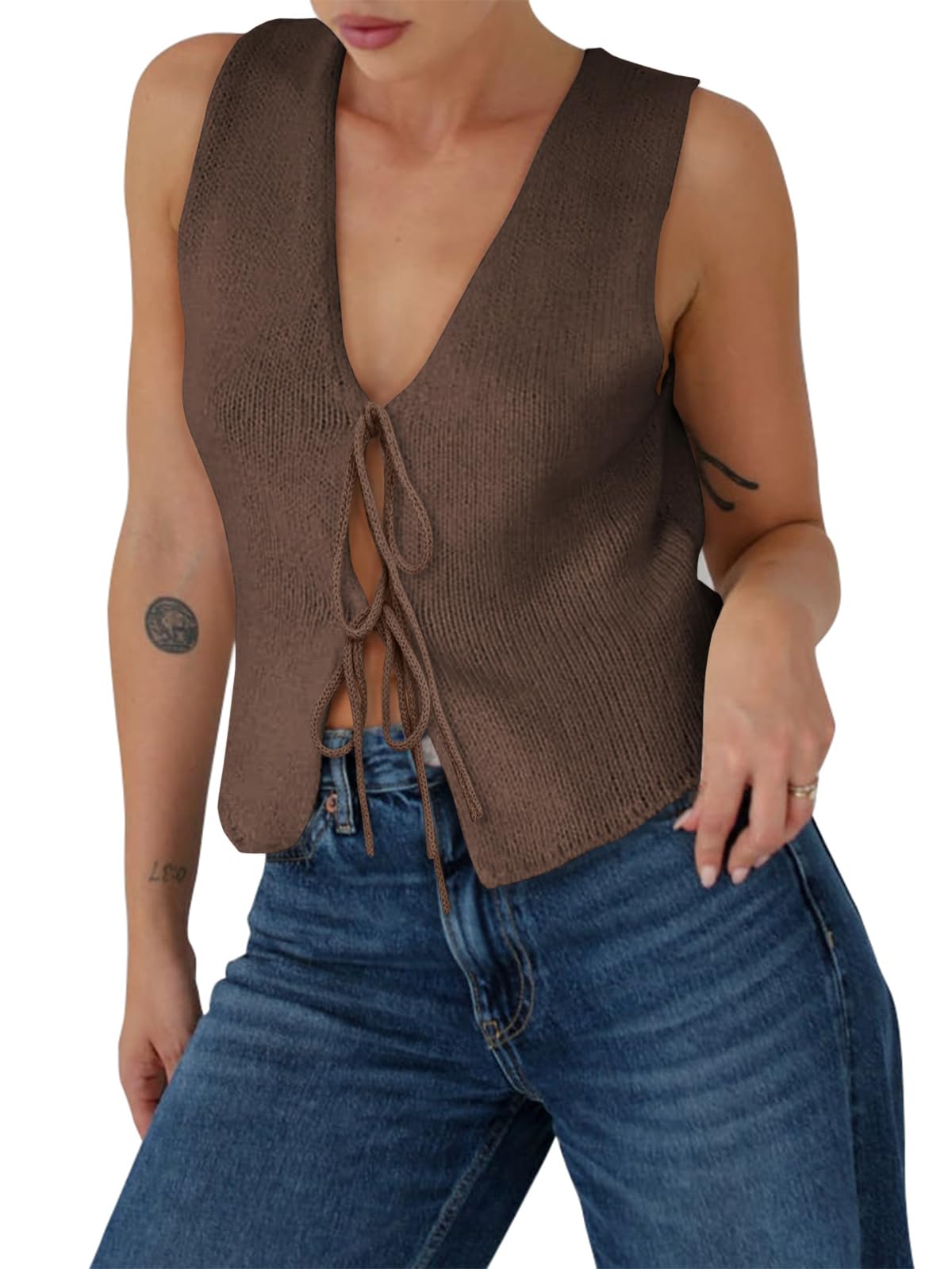 Yousify Womens Sweater Vests Tie Front Knit Vest Summer Ribbed Tank Tops Y2k Cute Vests Fashion Casual Sleeveless Tops