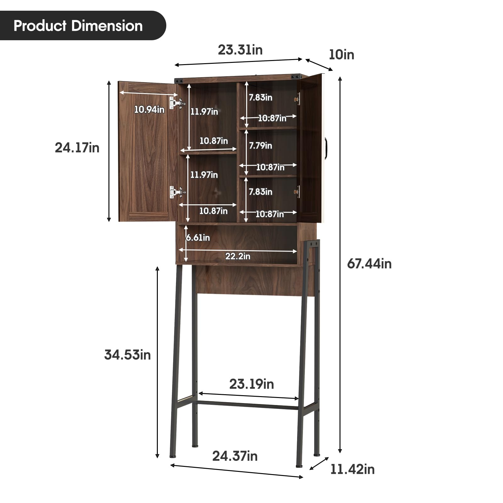 Vabches Over The Toilet Storage Cabinet with 2-Door Design Bathroom Organizers and Storage with Anti-Tip Device Over Toilet Organizer with Shelves for Bathroom,Restroom,Laundry Black
