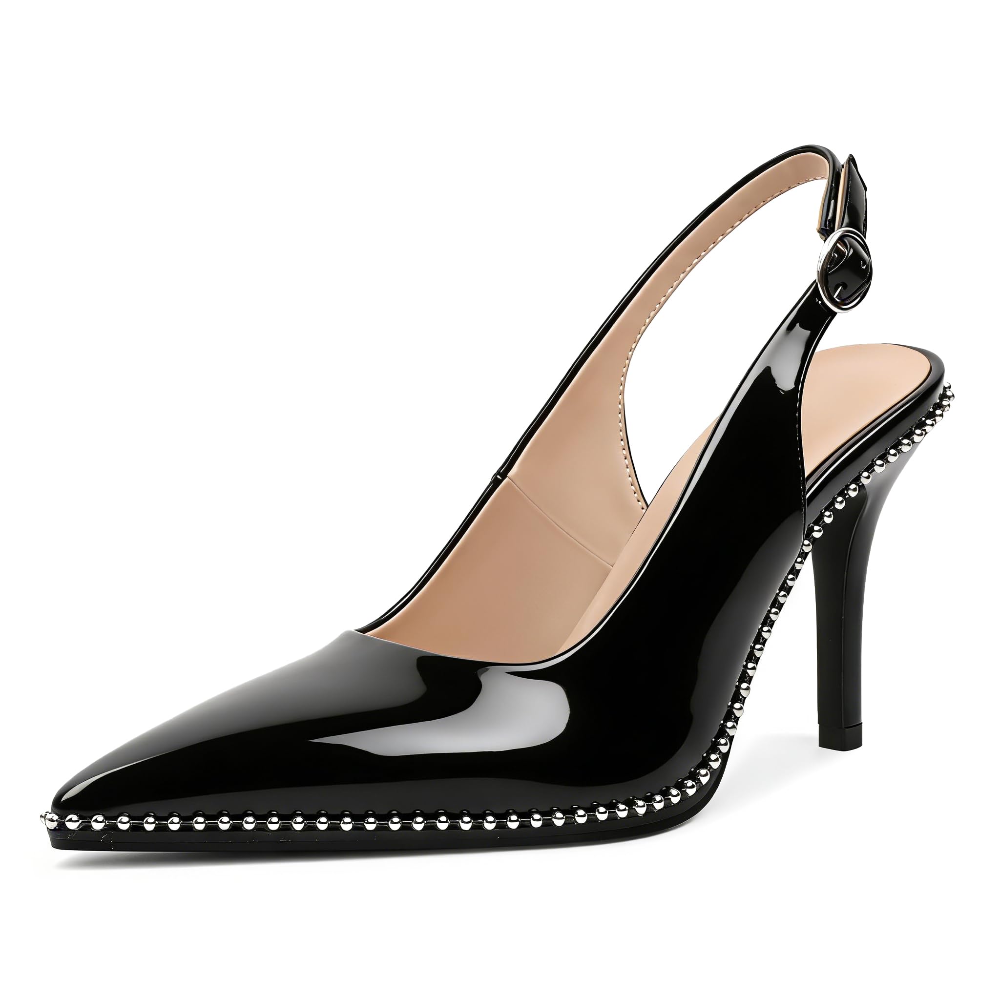 Zamikoo Women Beaded Pumps High Heel Slingback Pointed Toe Slip On 3.5 Inch Stilettos Ankle Strap Adjustable Buckle Patent Leather US Size 5 -Size 13