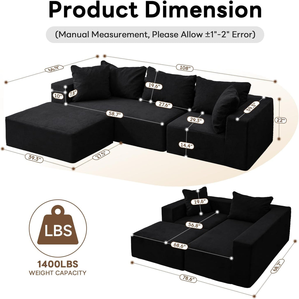 Vamcheer Modular Sectional Sofa with Chaise, Modern L Shaped Cloud Couch with Deep Seat, Sectional Couches for Living Room, Bedroom, Office, No Assembly Required, Ink Black