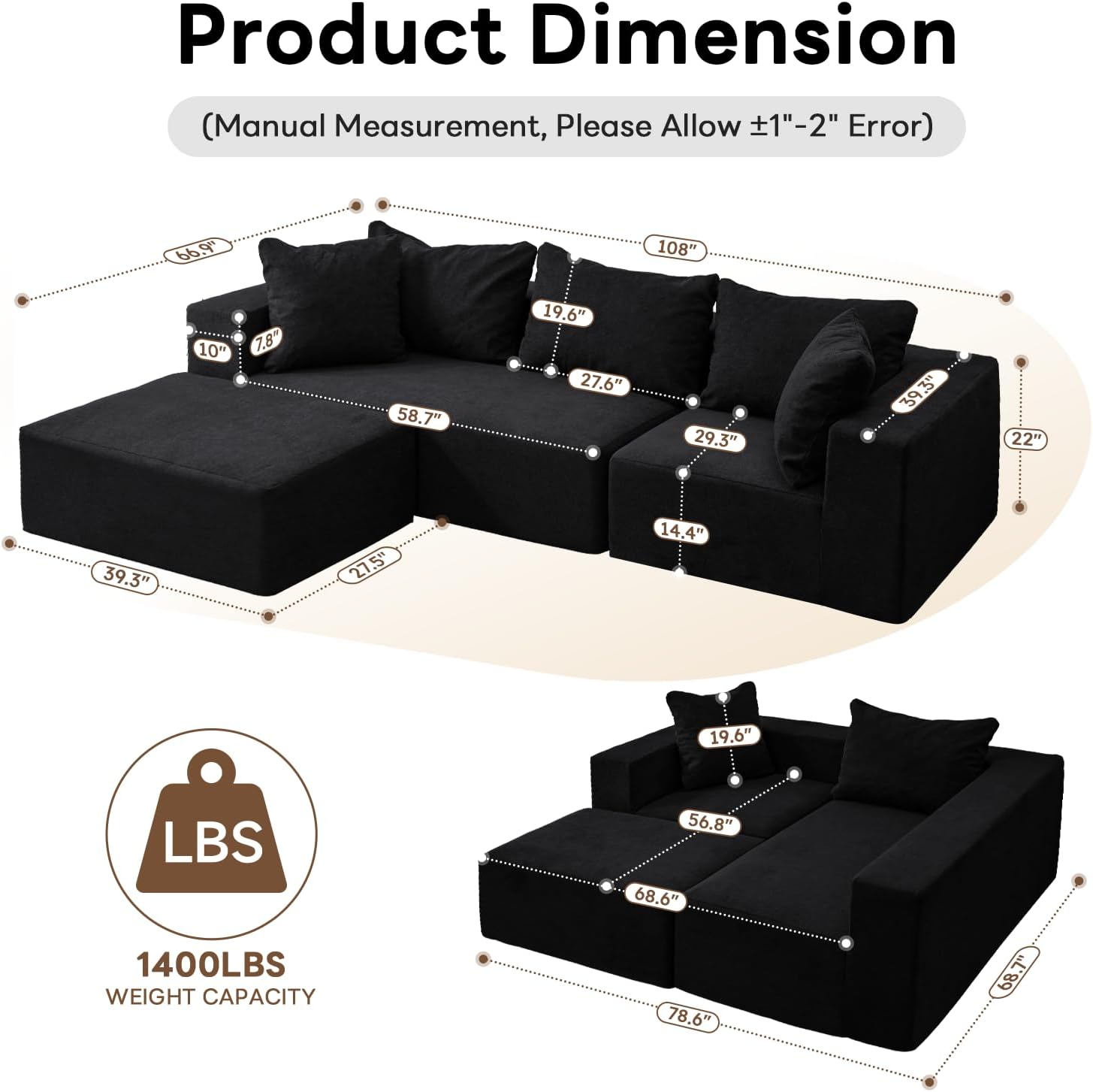 Vamcheer Modular Sectional Sofa with Chaise, Modern L Shaped Cloud Couch with Deep Seat, Sectional Couches for Living Room, Bedroom, Office, No Assembly Required, Ink Black