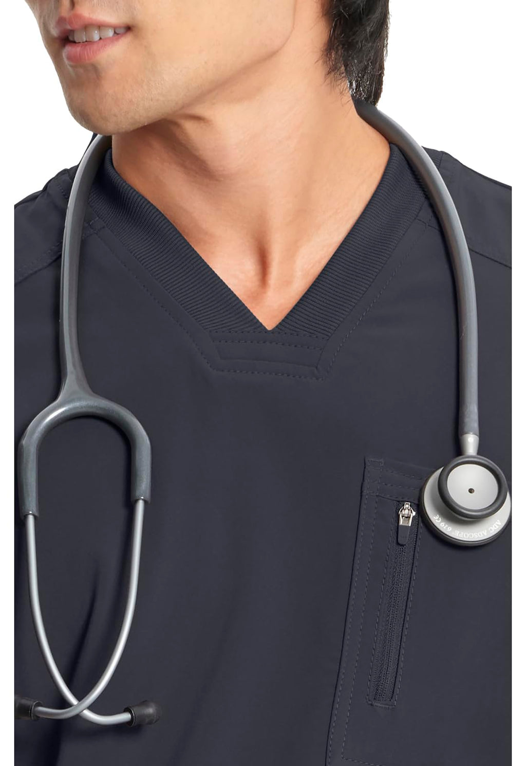 Cherokee Infinity Mens Tuckable V-Neck Scrub Top Modern Fit, 2 Pockets, Zip Chest Pocket, Rib-Knit, 360° Stretch – CK910A