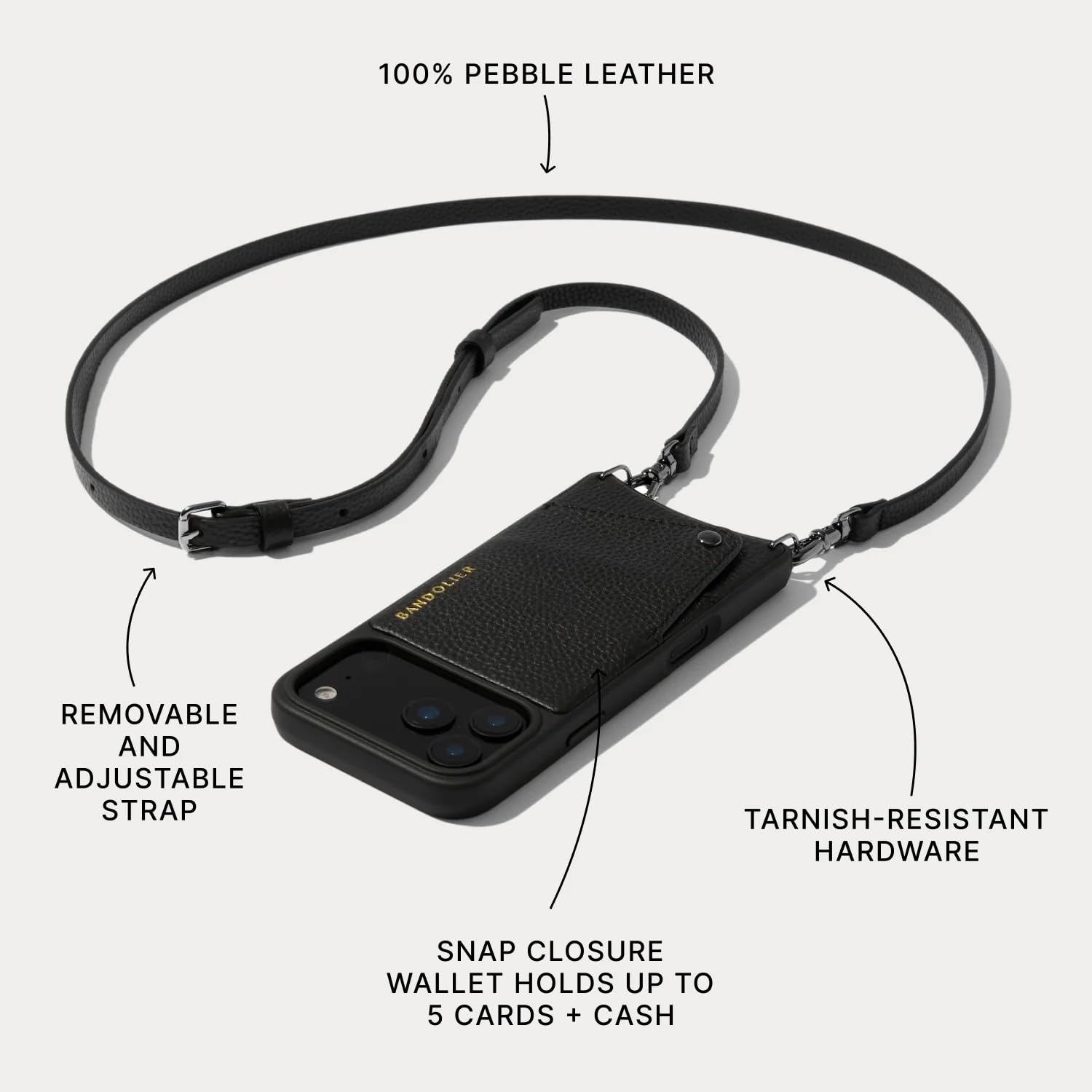 Bandolier Emma Crossbody Wallet Phone Case for iPhone 15 Pro Max. 100% Genuine Pebble Leather. Adjustable & Removable Crossbody Strap. Card Holder with Snap Closure. Black with Gold Hardware