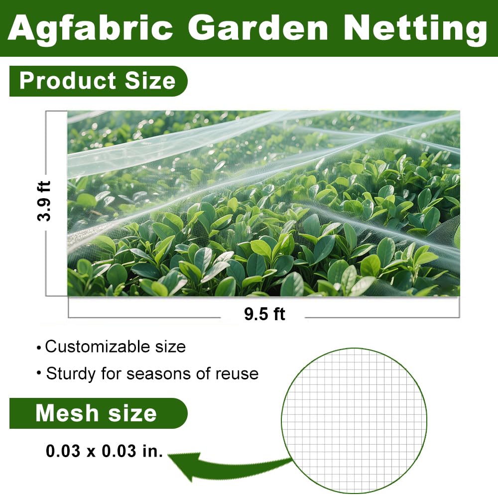 Agfabric Garden Netting 3.9x9.5' Insect Pest Barrier Netting for Garden Protection,Plant Cover Row Cover Mesh Netting for Vegetables Fruit Trees and Plants,White