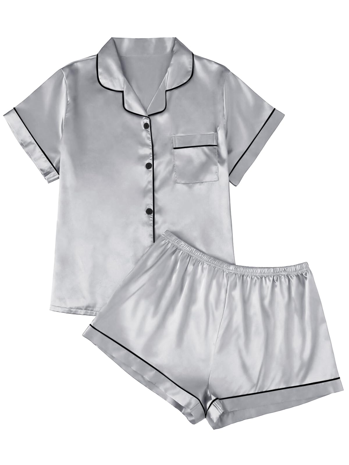 LILLUSORY Silk Satin Pajama Set for Women 2 Piece Lounge Pjs Winter Matching Summer Sleepwear Button Down Shirt Shorts