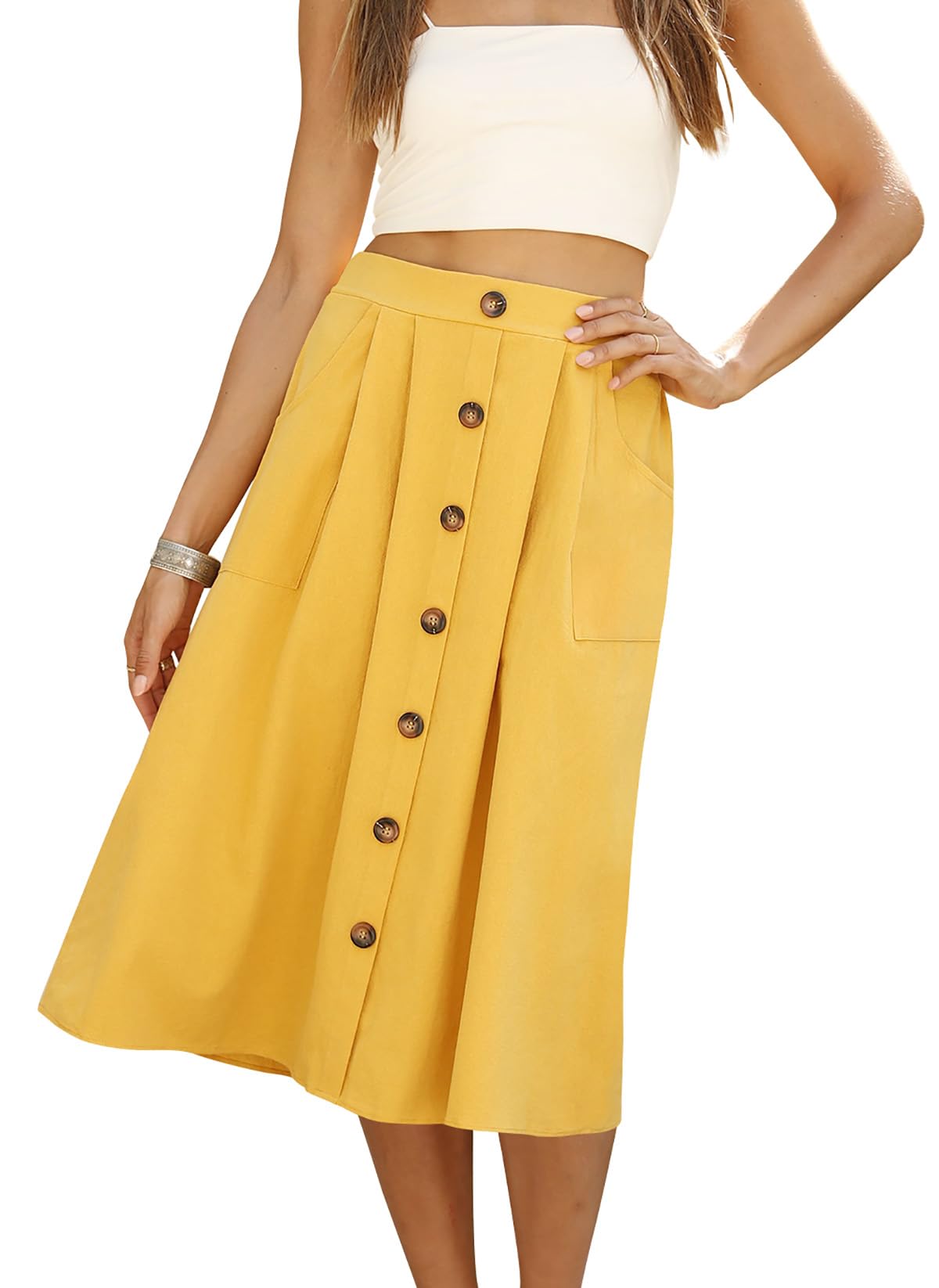 Naggoo Womens Summer Skirts Casual Front Button A-Line High Waisted Midi Skirt with Pockets