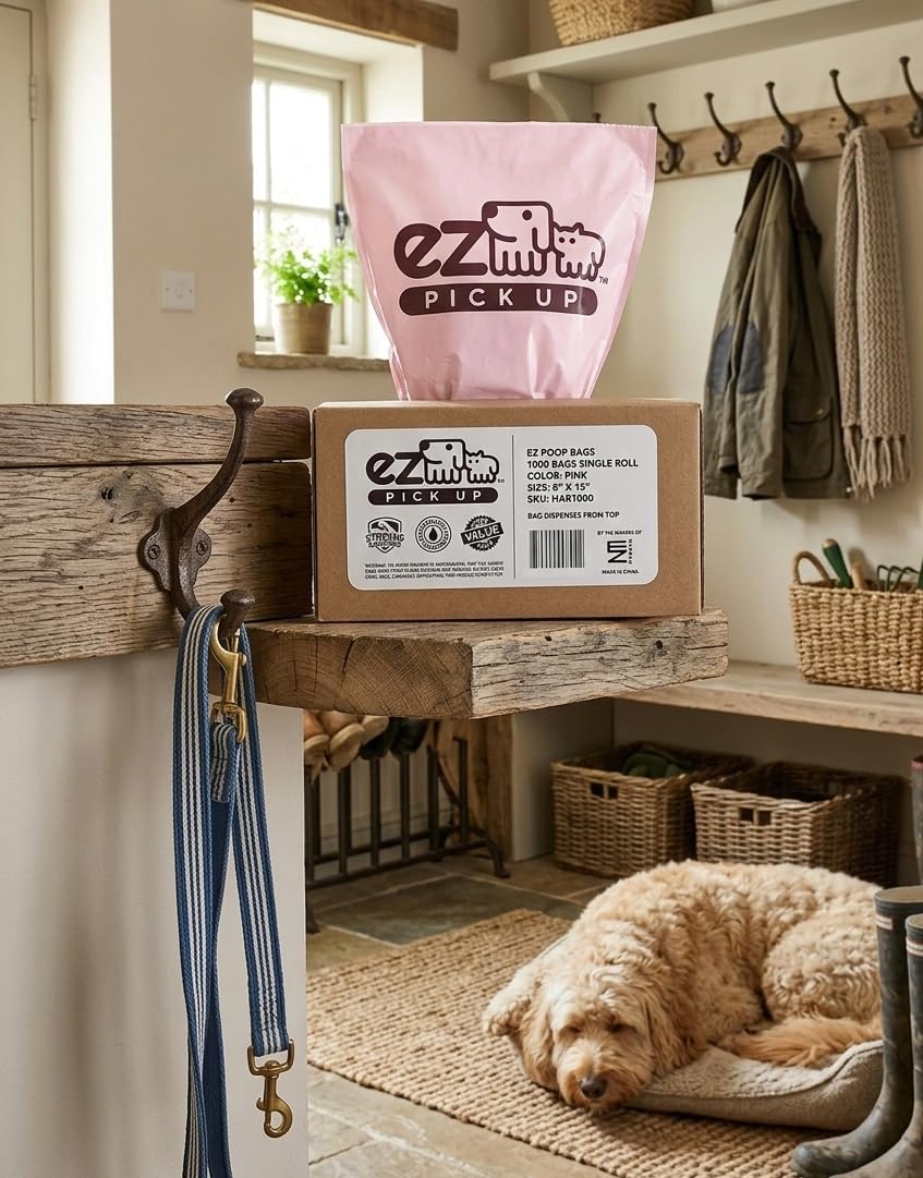 1000 Pet Waste Disposal Dog Poop Bags, EZ Pick Up Bag, Pink (single roll), 9"x12" Large