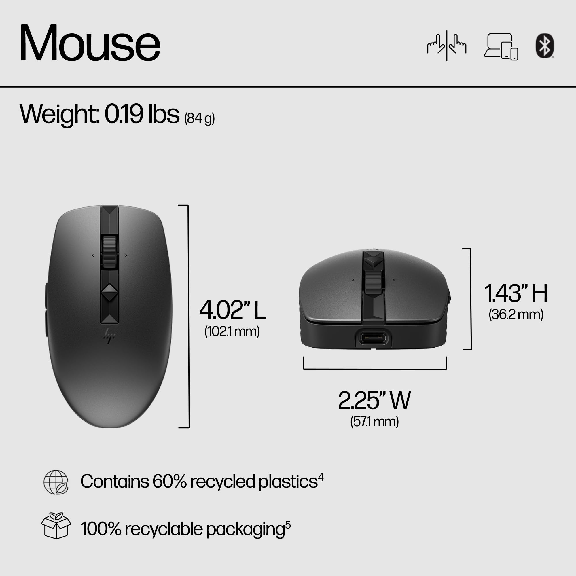 HP 920 Ergonomic Vertical Mouse Wireless Bluetooth 5.3 & USB Dongle, 5 Programmable Buttons, 16 Week Battery, Multi-Device, Multi-OS
