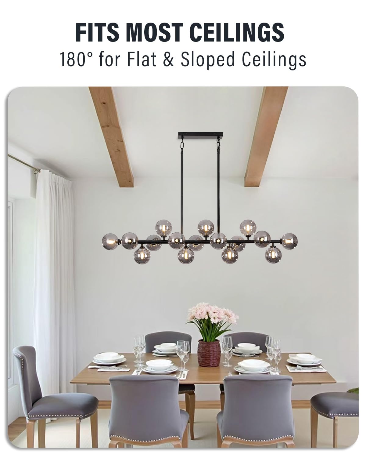 Modern Linear Chandeliers for Dining Room, 8-Light Globe Sputnik Pendant Ceiling Light, Black Dining Room Light Fixture Over Table, Mid Century Glass Milk White Bubble, 31.5 Inch, GC-09
