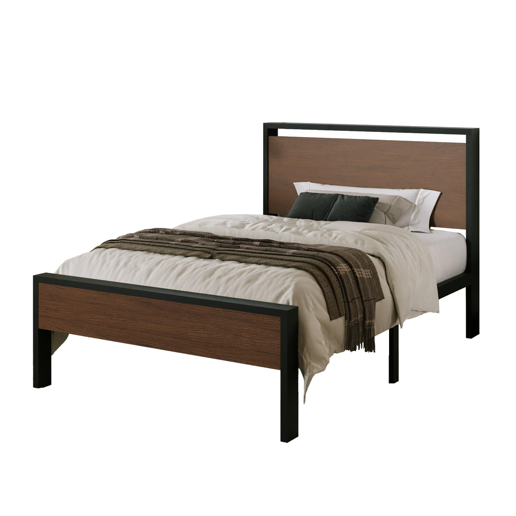 Allewie Twin Size Platform Bed Frame with Wooden Headboard and Footboard, Heavy Duty Metal Slats Support, No Box Spring Needed, Under-Bed Storage, Noise Free, Easy Assembly, Black Oak