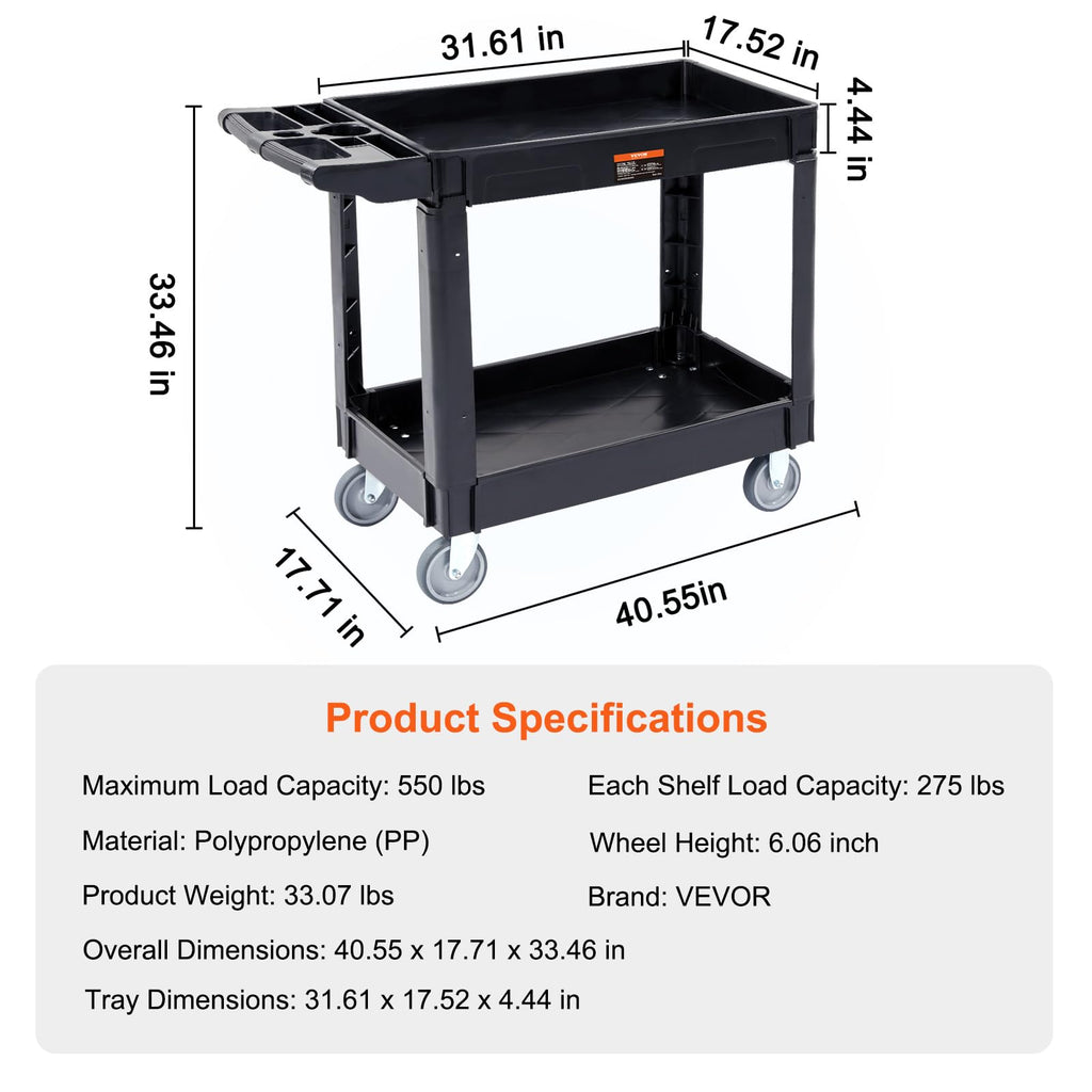 VEVOR Utility Service Cart, 2 Shelf 550LBS Heavy Duty Plastic Rolling Utility Cart, Medium Lipped Shelf, 360° Swivel Wheels, Ergonomic Storage Handle for Warehouse Garage, Black | Heavy Duty Rolling Cart with 360° Swivel Wheels, Medium Lipped Shelf, Ergon