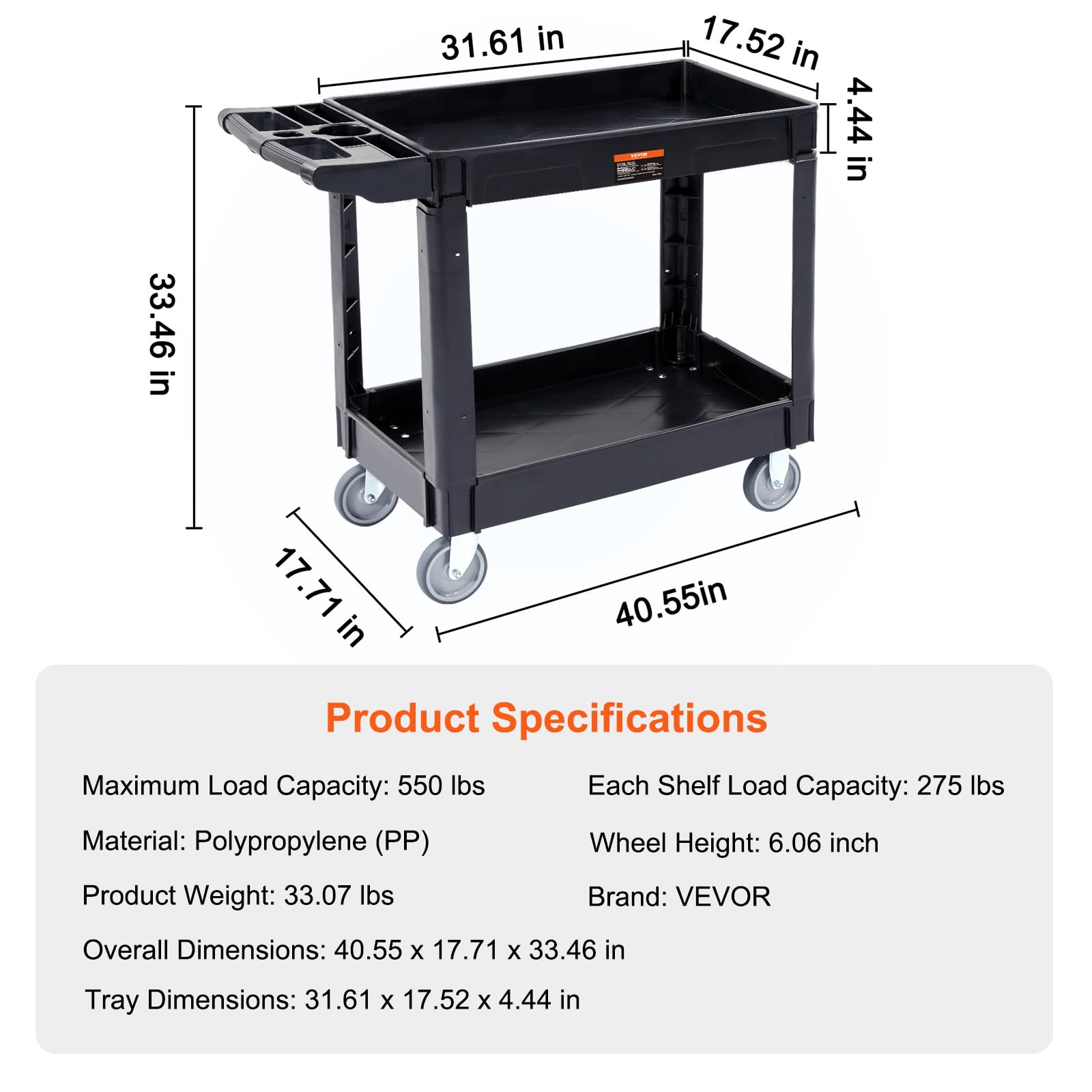 VEVOR Utility Service Cart, 2 Shelf 550LBS Heavy Duty Plastic Rolling Utility Cart, Medium Lipped Shelf, 360° Swivel Wheels, Ergonomic Storage Handle for Warehouse Garage, Black | Heavy Duty Rolling Cart with 360° Swivel Wheels, Medium Lipped Shelf, Ergon