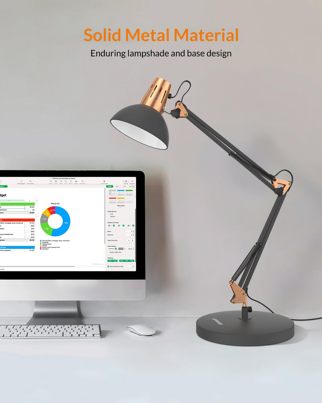 LEPOWER Metal Desk Lamp, Adjustable Goose Neck Architect Table Lamp with On/Off Switch, Swing Arm Desk Lamp with Clamp, Eye-Caring Reading Lamp for Bedroom, Study Room &Office (Sandy Black)