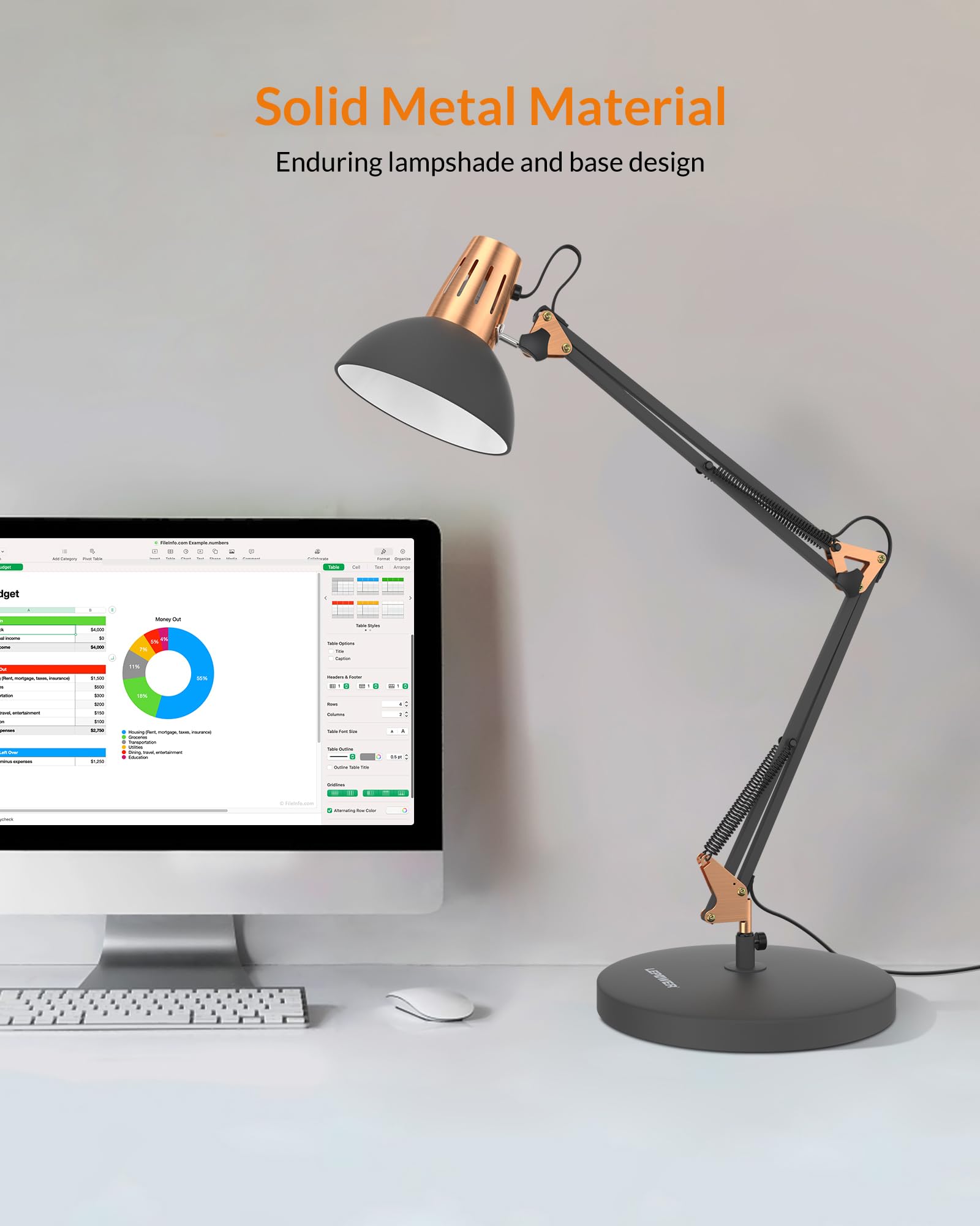 LEPOWER Metal Desk Lamp, Adjustable Goose Neck Architect Table Lamp with On/Off Switch, Swing Arm Desk Lamp with Clamp, Eye-Caring Reading Lamp for Bedroom, Study Room &Office (Sandy Black)