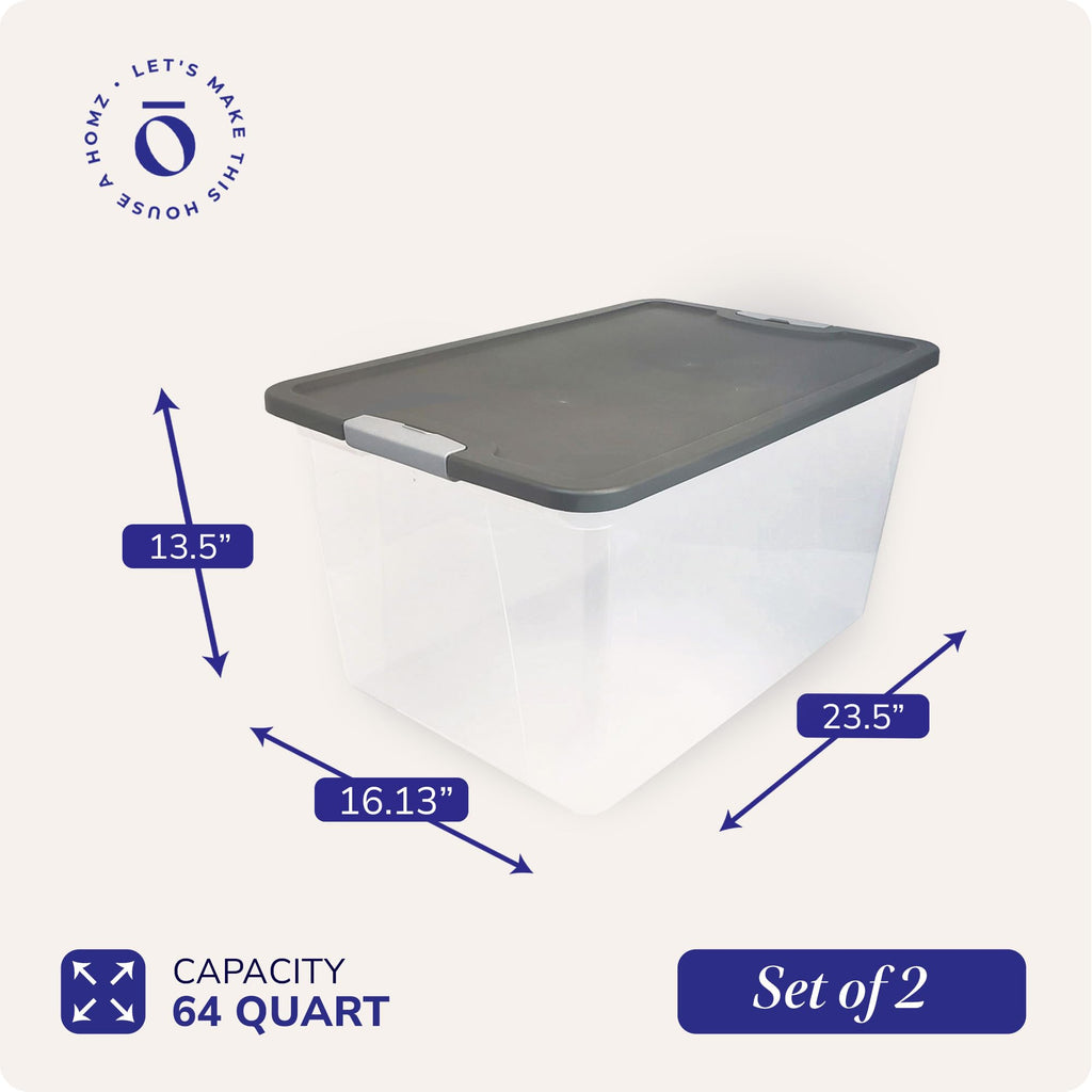 HOMZ 4-Pack Secure Latch, Clear Plastic Storage Organizer Bins, 15 Quart, Gray Lid - Stackable Container Boxes for Bedroom, Bathroom, Garage, and Office Organization