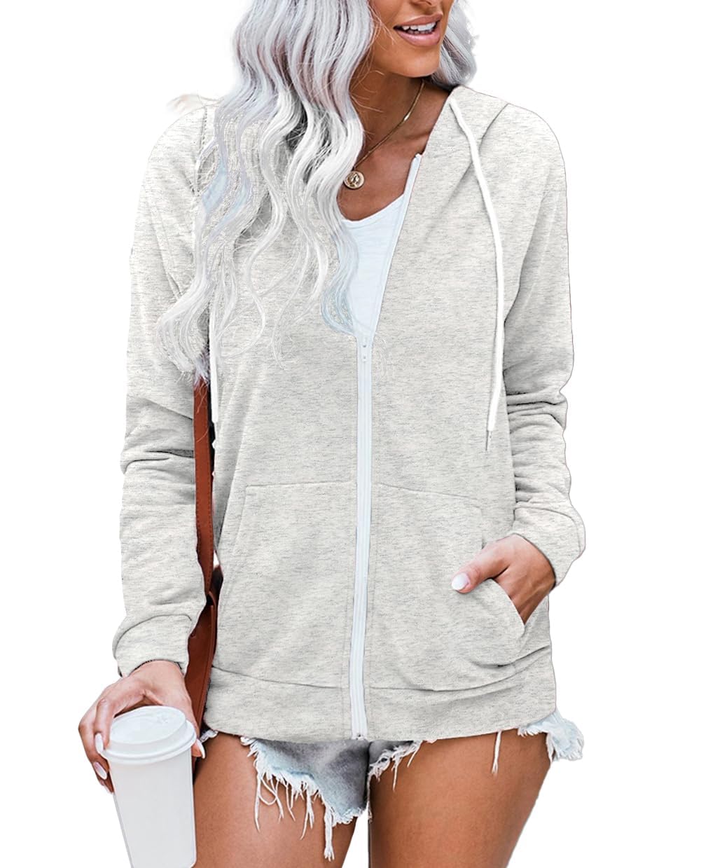 WROLEM Women Casual Full Zip Up Hoodie Comfy Loose Long Sleeve Sweatshirt Solid Color Jacket with Pockets