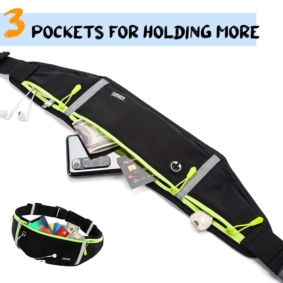USHAKE Slim Running Belt, Workout Fanny Pack for Men Women,Exercise Waist Pack for Apple iPhone Holder, Runner Belt for Running Walking Cycling Camping Gym Black