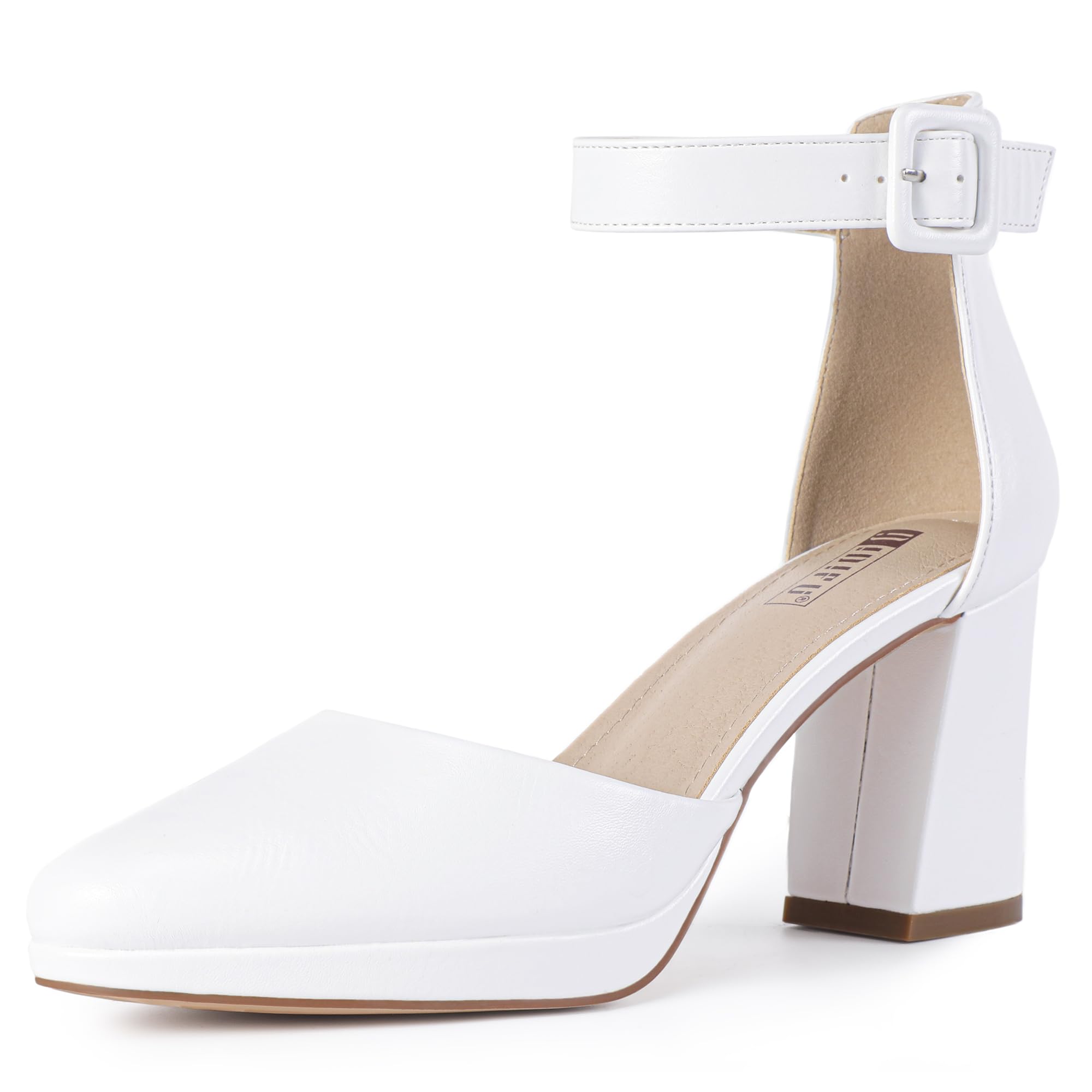 IDIFU IN3 Womens Closed Toe Heels Chunky Block Platform Pumps Pointed Toe Ankle Strap Dress Shoes for Women Comfortable Wedding Short Low Pumps Shoes