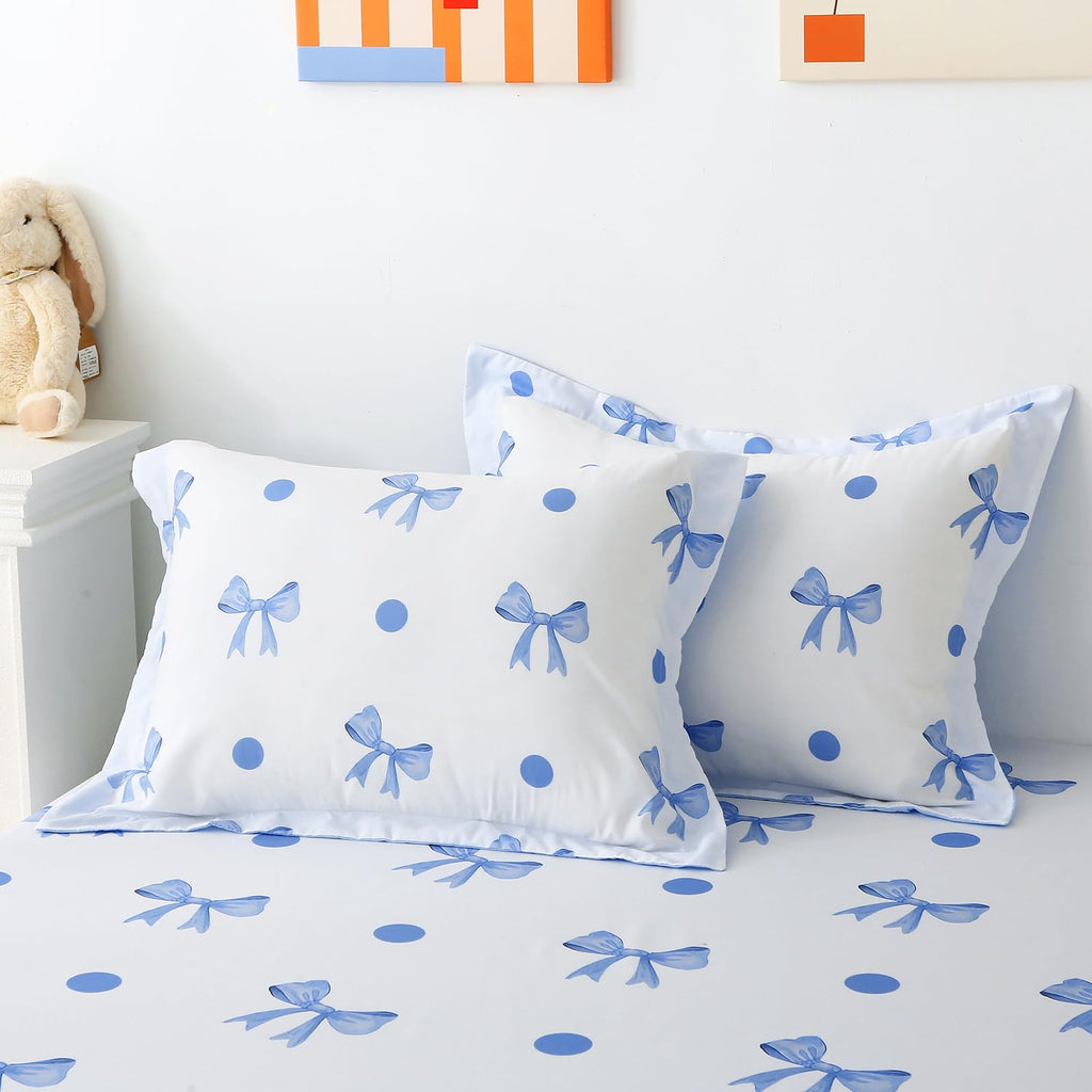 Wajade 7 Piece Blue Bow Comforter Set for Girls Kids Twin Size Bedding Set with Sheet and 2 Pillowcases 2 Pillow Shams Cute Girls Bed in a Bag as Birthday Choice