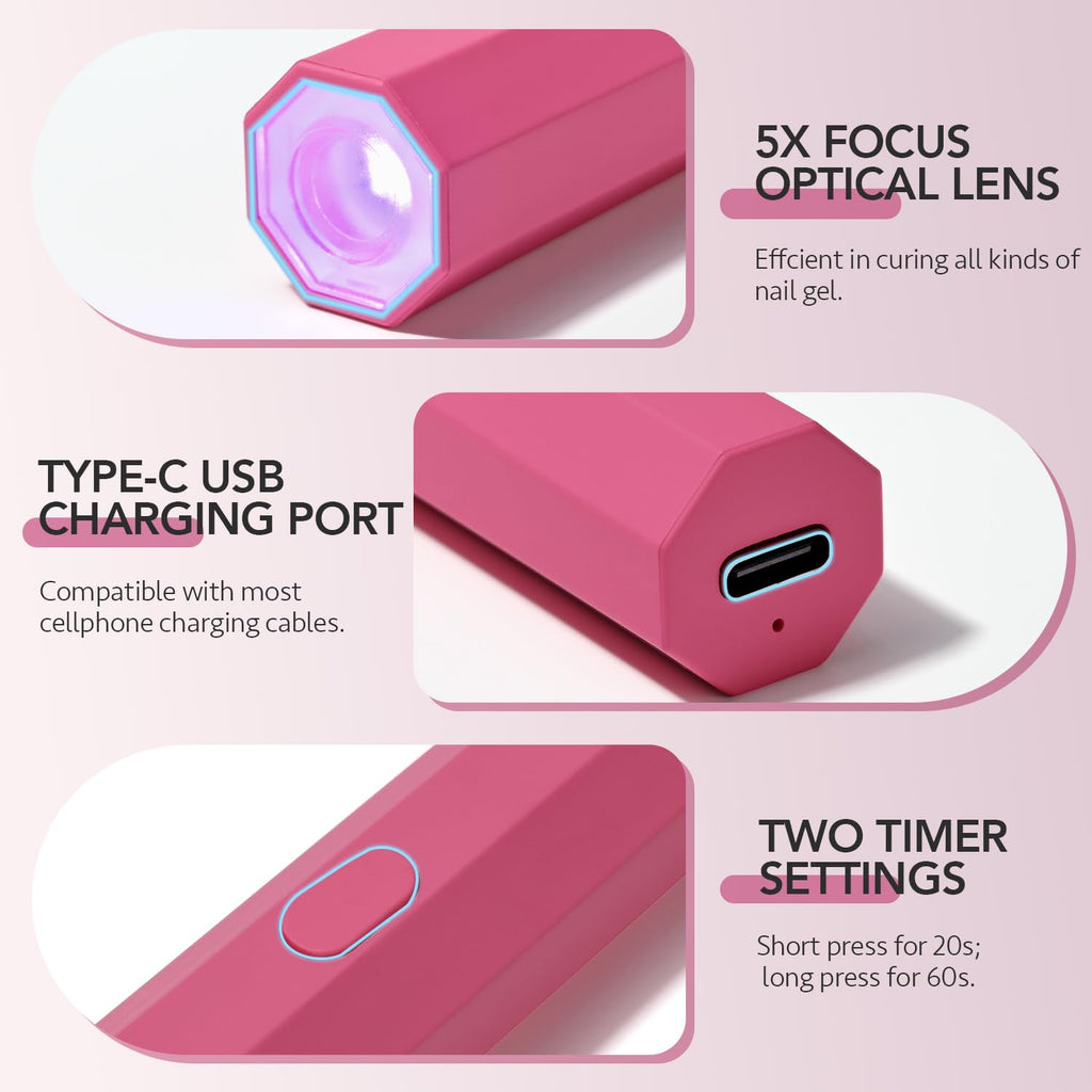 GAOY Handheld UV Light for Gel Nails, Mini Nail Lamp, Portable Cordless Rechargeable, Fast Curing, Diamond Pink