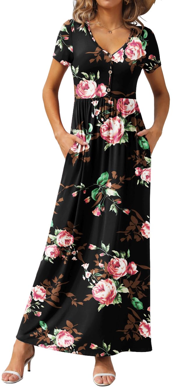 GRECERELLE Womens Summer Long Maxi Dresses 2026 Short Sleeve V Neck Casual Button Dress with Pockets