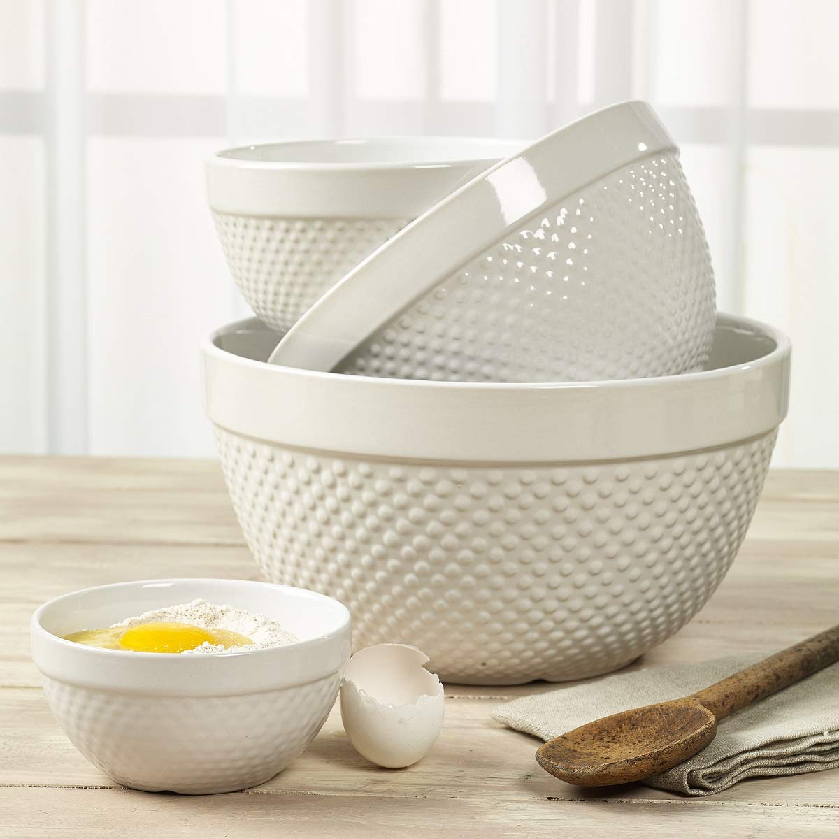 TTU Tabletops Gallery Hobnail Style 4 Piece Timeless Grey Stoneware Nesting Mixing Bowl Set for Baking and Cooking