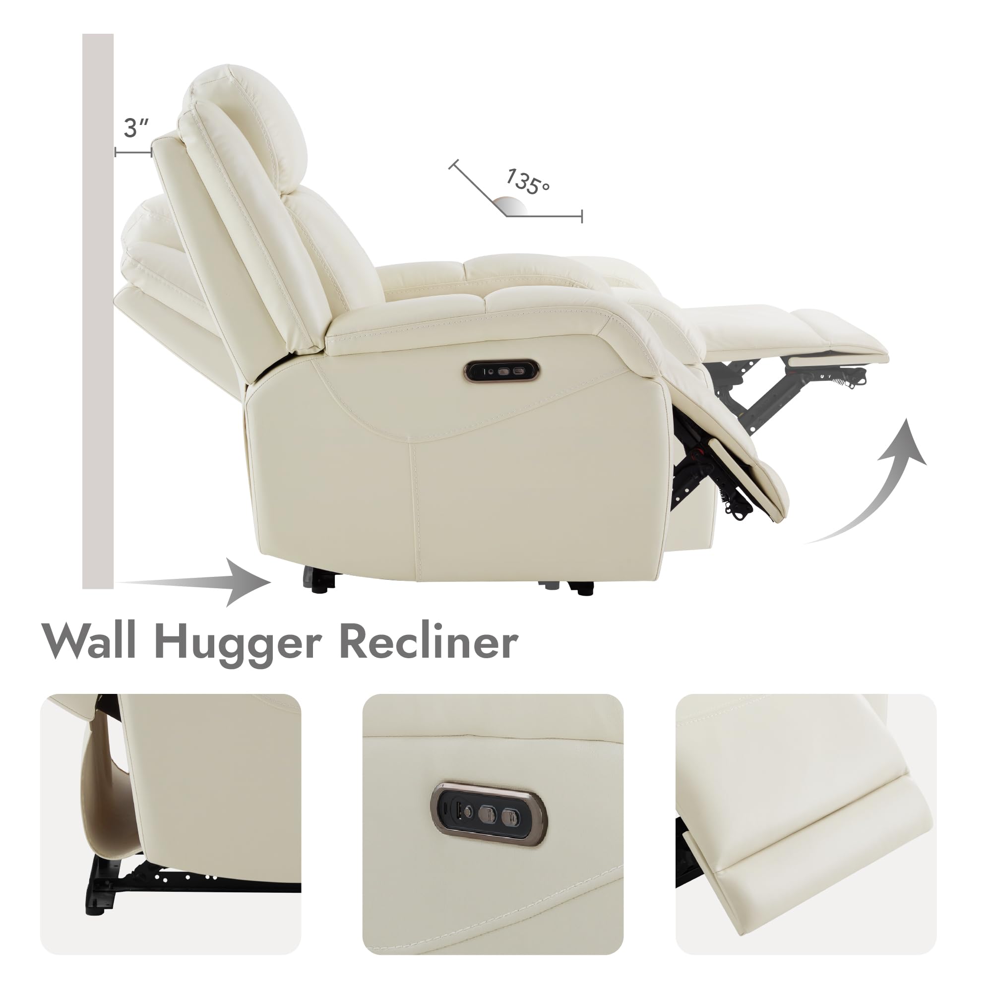 Watson & Whitely Genuine Leather Power Recliner Chairs for Adults, Wall Hugger RV Recliner with Power Headrest & Charging Ports, Electric Recliner Sofa Chair for Living Room, Black