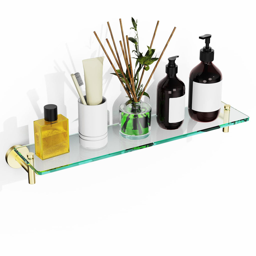 Glass Bathroom Shelves,Brushed Gold Floating Shelves for Wall Rectangular Modern Stainless Steel Glass Shelf for Bathroom Shelves wall Mounted 16 Inch