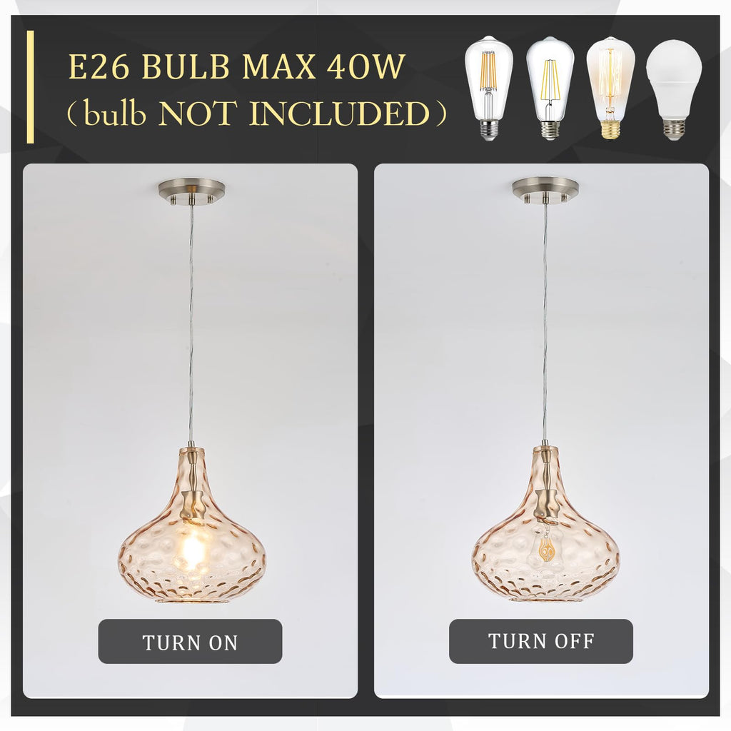 Glass Large Pendant Lights for Kitchen Island Blown Glass Pendant Light Clear Hammered Shade Hanging Ceiling Lights with Black Finish for for Kitchen Island, Sink, Hallway, Living Room 11 inch