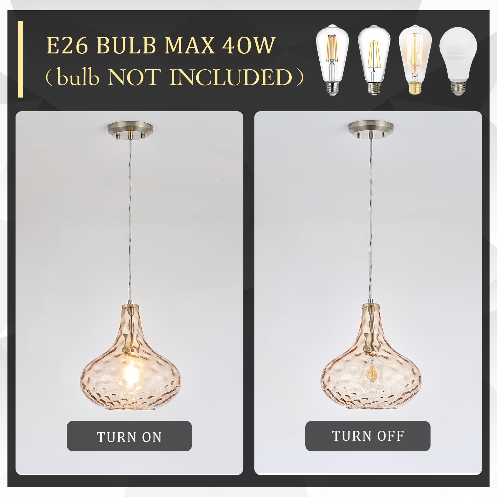 Glass Large Pendant Lights for Kitchen Island Blown Glass Pendant Light Clear Hammered Shade Hanging Ceiling Lights with Black Finish for for Kitchen Island, Sink, Hallway, Living Room 11 inch