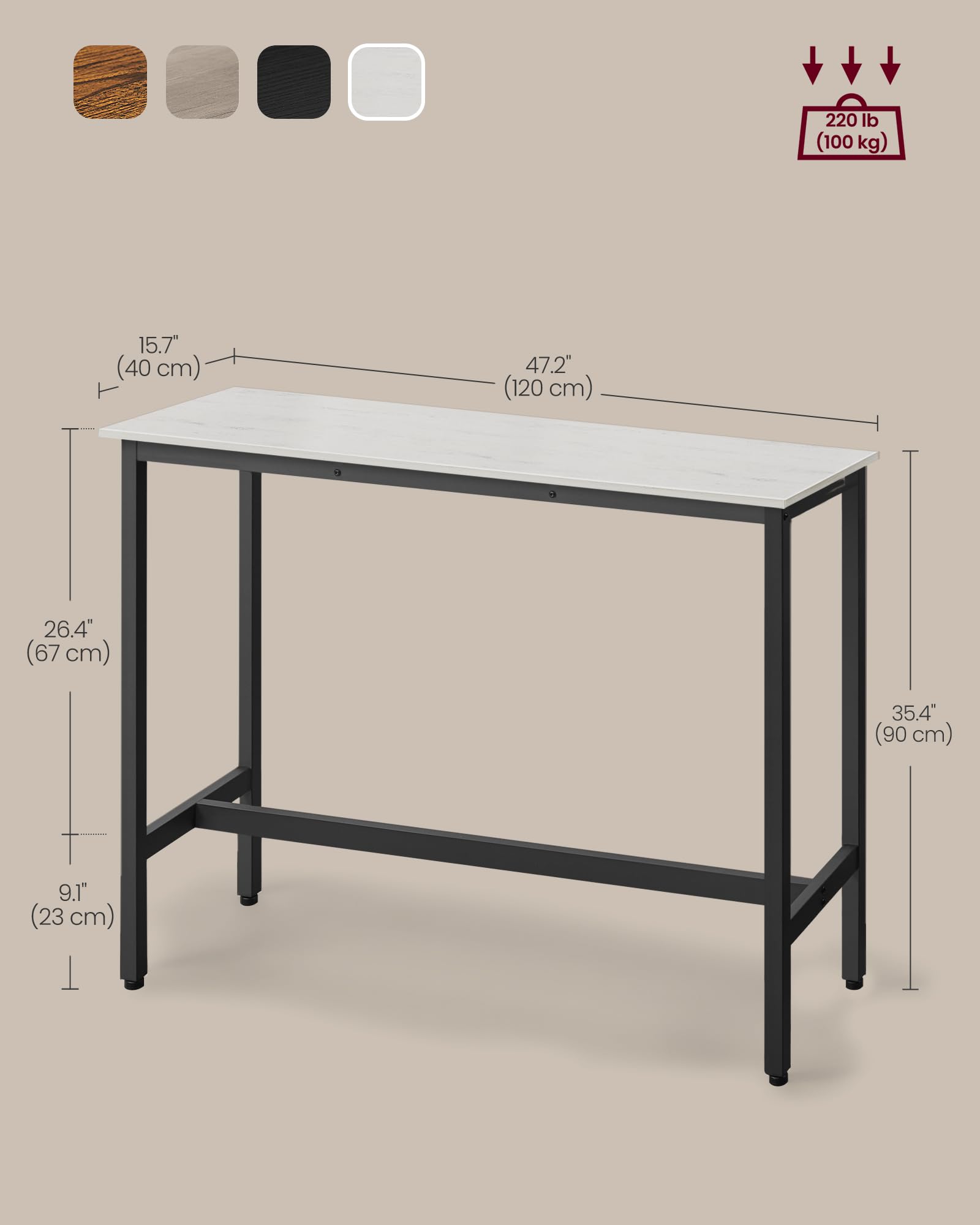 VASAGLE Bar Table, Kitchen Dining Table, High Top Pub Table, Bar Height Cocktail Table for Living Room Party, Sturdy Metal, 15.7 x 39.4 x 35.4 Inches for Narrow Spaces, Ebony Black and Ink Black