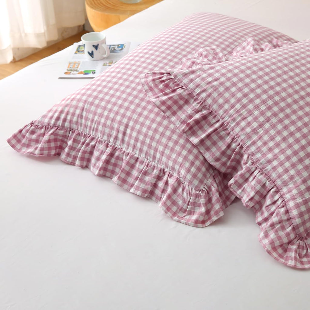 Silnuo Green/White Plaid Ruffled Queen Size Pillow Shams Set of 2,Washed Cotton Shabby Checkered Gingham Farmhouse Bed Pillow Covers 20"x30"