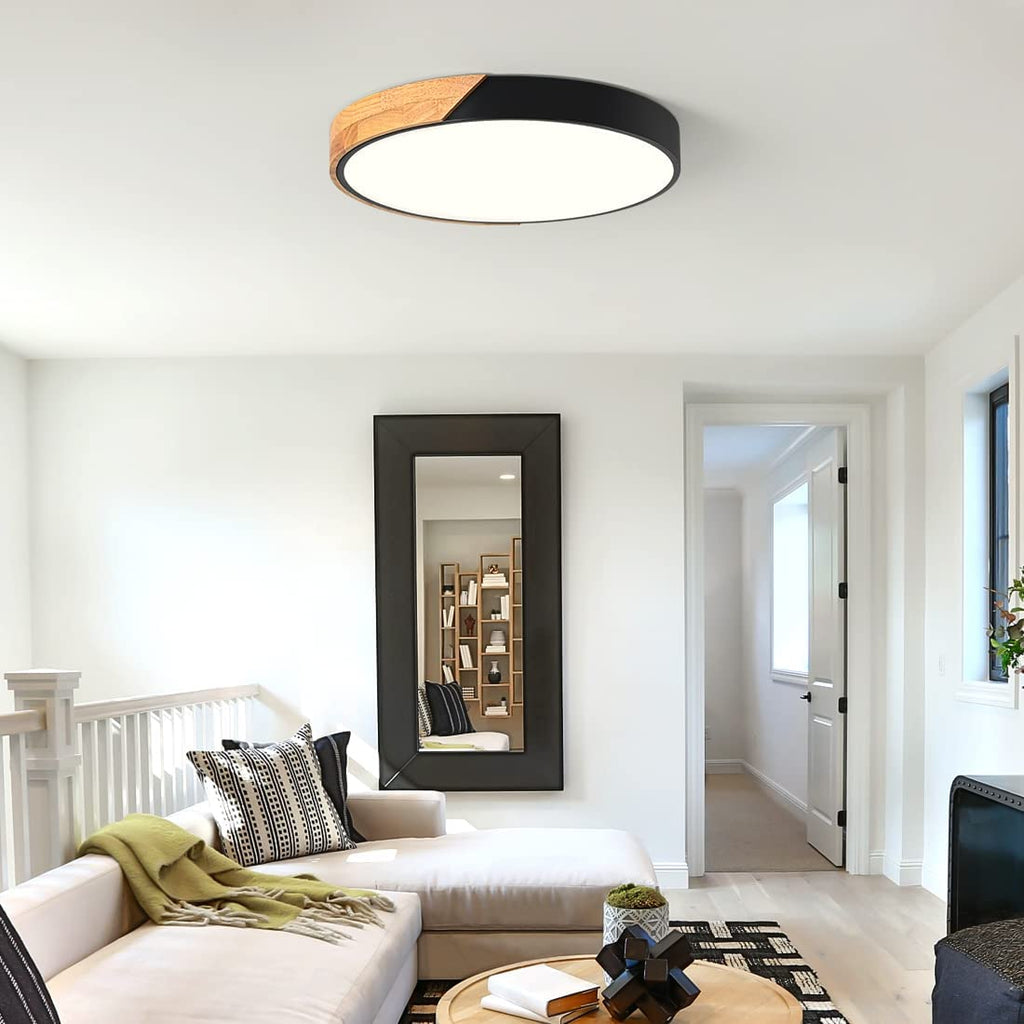 Modern LED Ceiling Light, Minimalist Wood Dimmable Flush Mount Ceiling Light Fixture, Round 5CCT Lighting Lamp with Acrylic Lampshade for Bedroom Hallway Kitchen Laundry, Black 11.8"