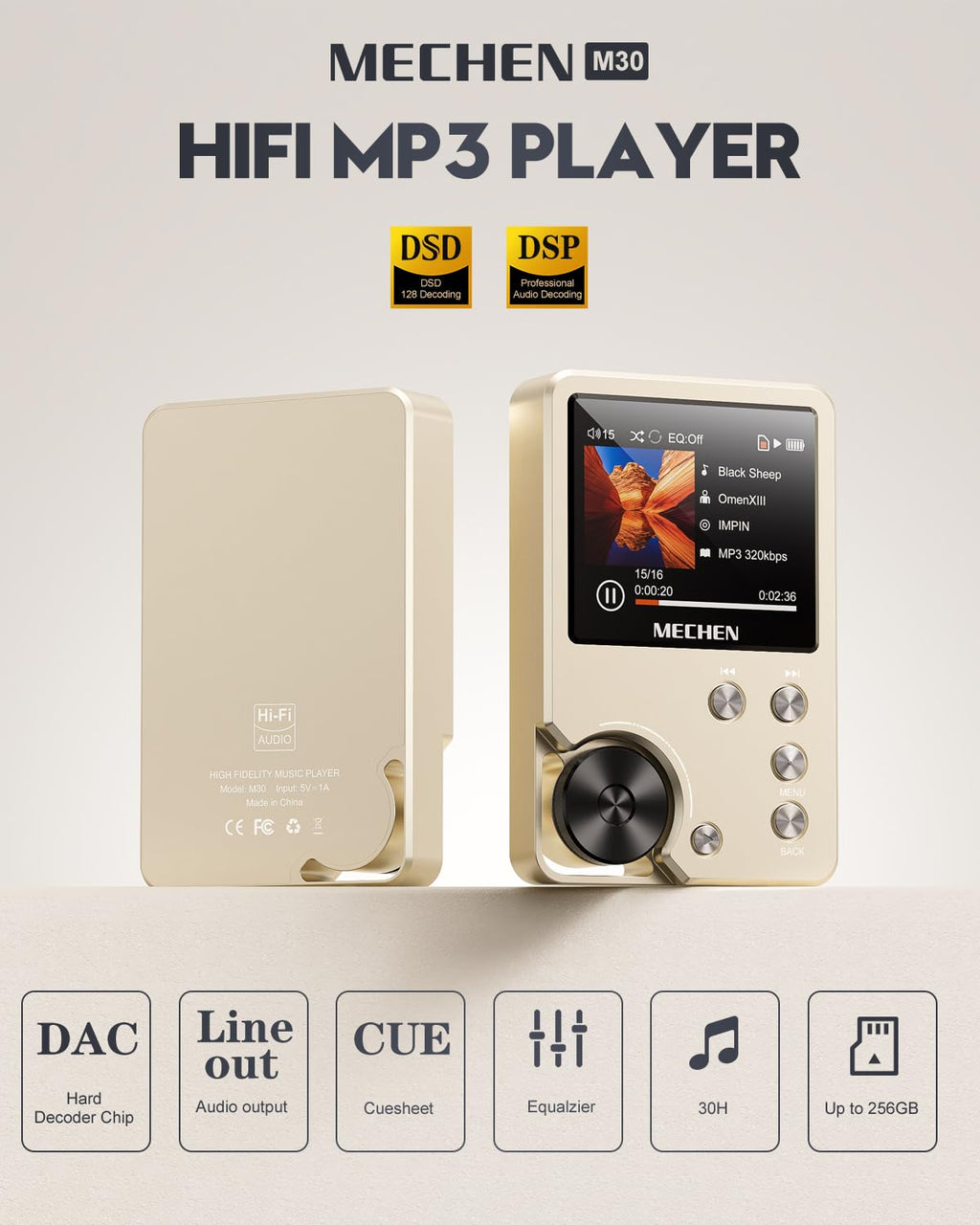 MECHEN M30 HiFi MP3 Player, Lossless DSD High Resolution Digital Audio Music Player, High-Res Portable Audio Player with 64GB Memory Card (Gold)
