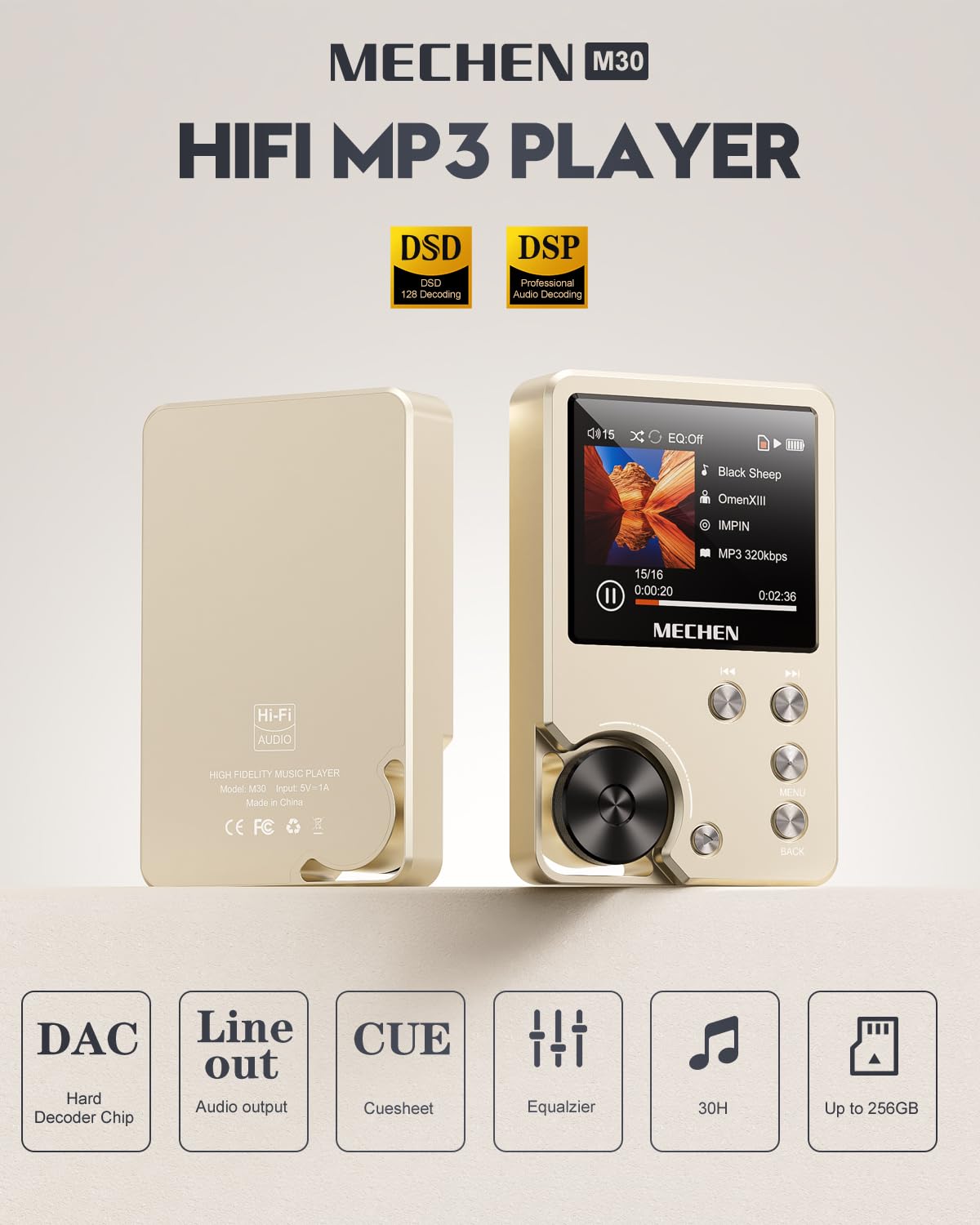 MECHEN M30 HiFi MP3 Player, Lossless DSD High Resolution Digital Audio Music Player, High-Res Portable Audio Player with 64GB Memory Card (Gold)