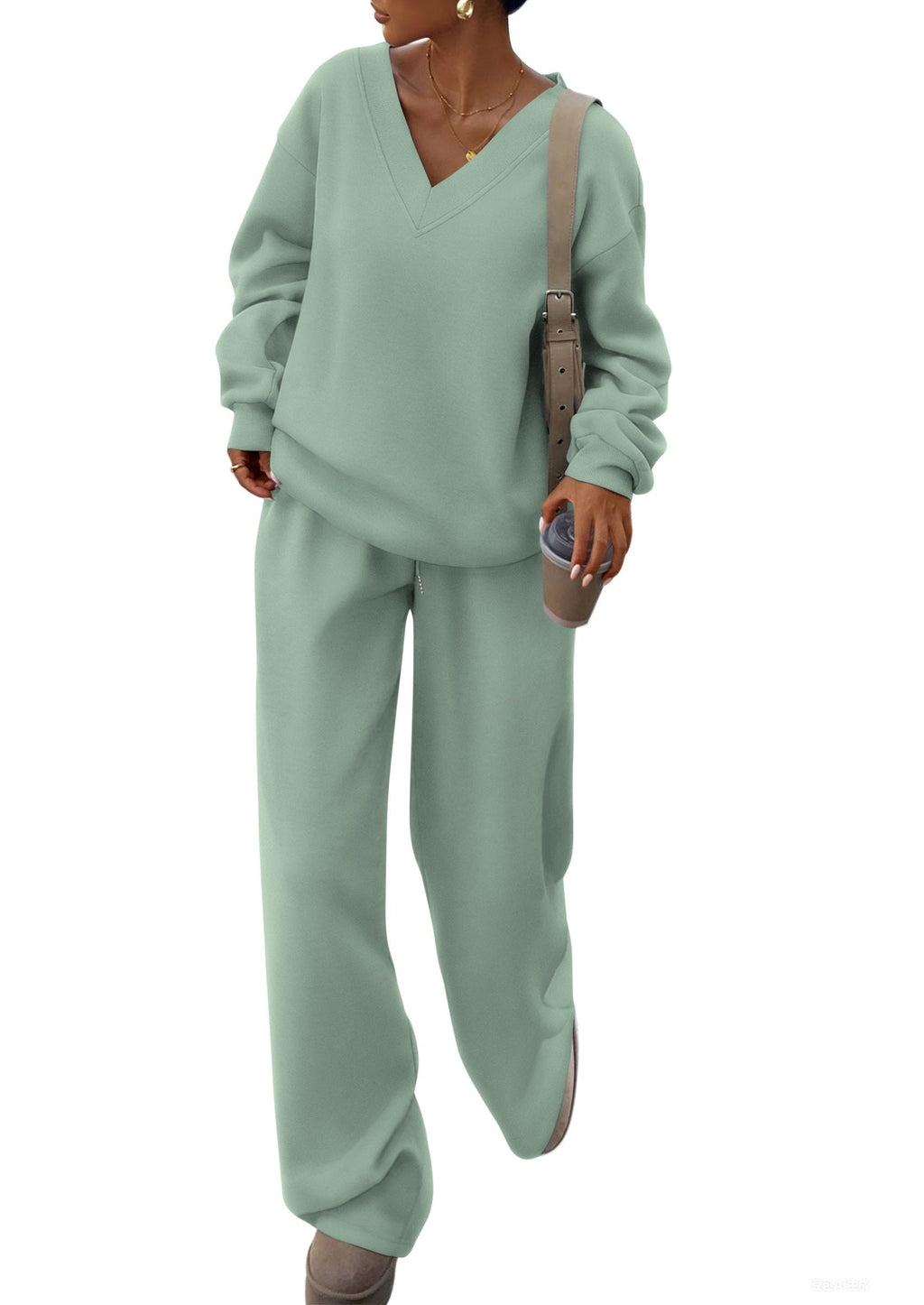 PRETTYGARDEN Casual Winter Two Piece Sets for Women 2026 V Neck Sweatshirt Loose Wide Leg Pants Tracksuit Knit Fall Outfits
