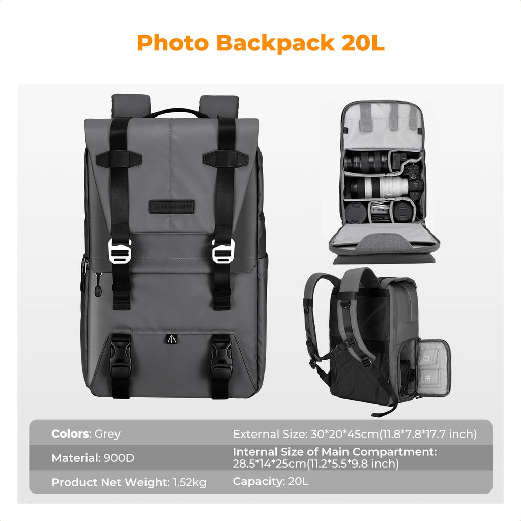 K&F CONCEPT Camera Backpack, Camera Bags for Photographers Dslr Cameras Compatible for Canon Nikon Sony DJI Mavic Drone, 20L Large Capacity Bag Cover 15.6 Inch Laptop Camera Cases with Raincover