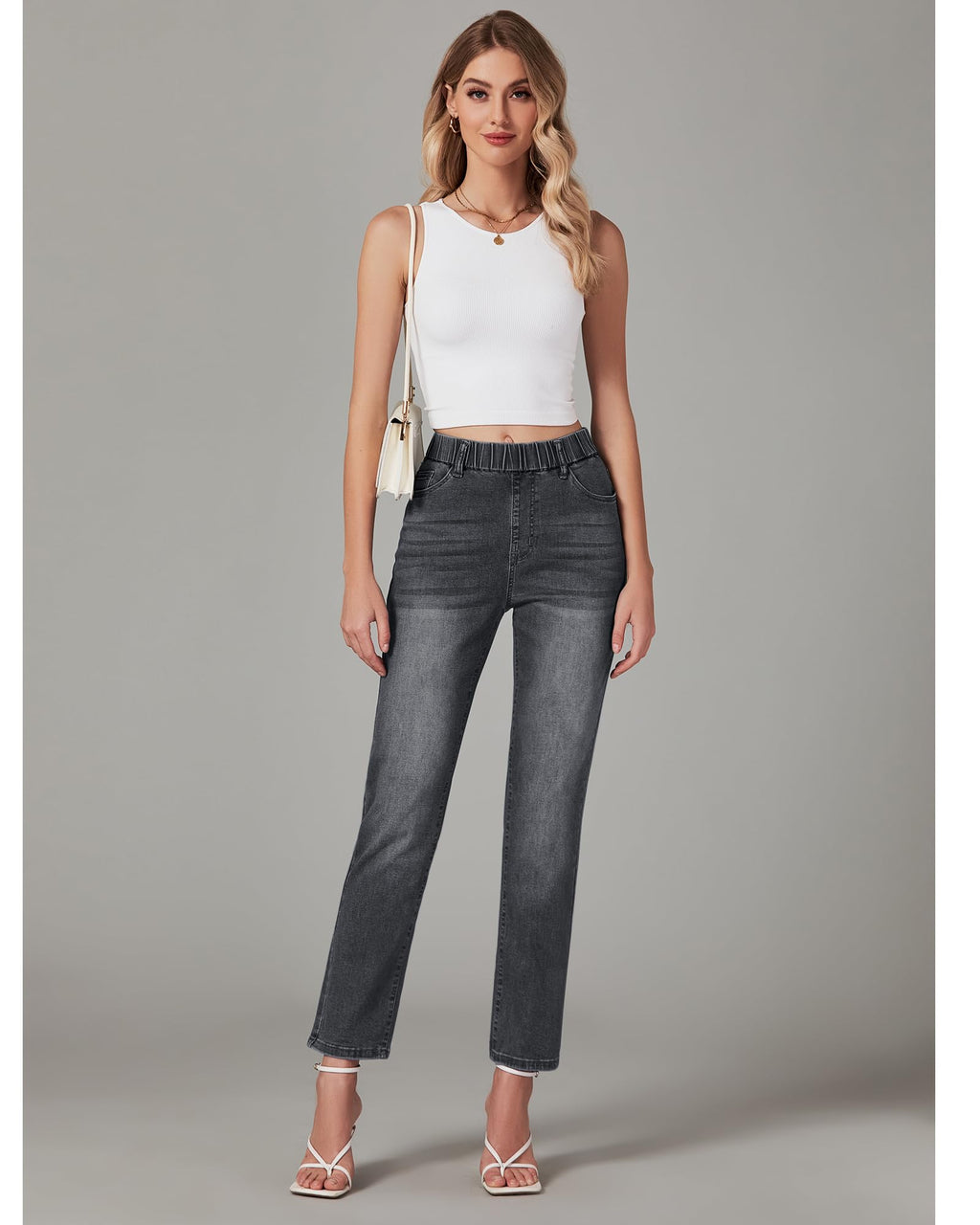 GRAPENT Straight Leg Jeans for Women Trendy Pull On High Waisted Cropped Elastic Waist Stretchy Denim Pants Ankle Jeans